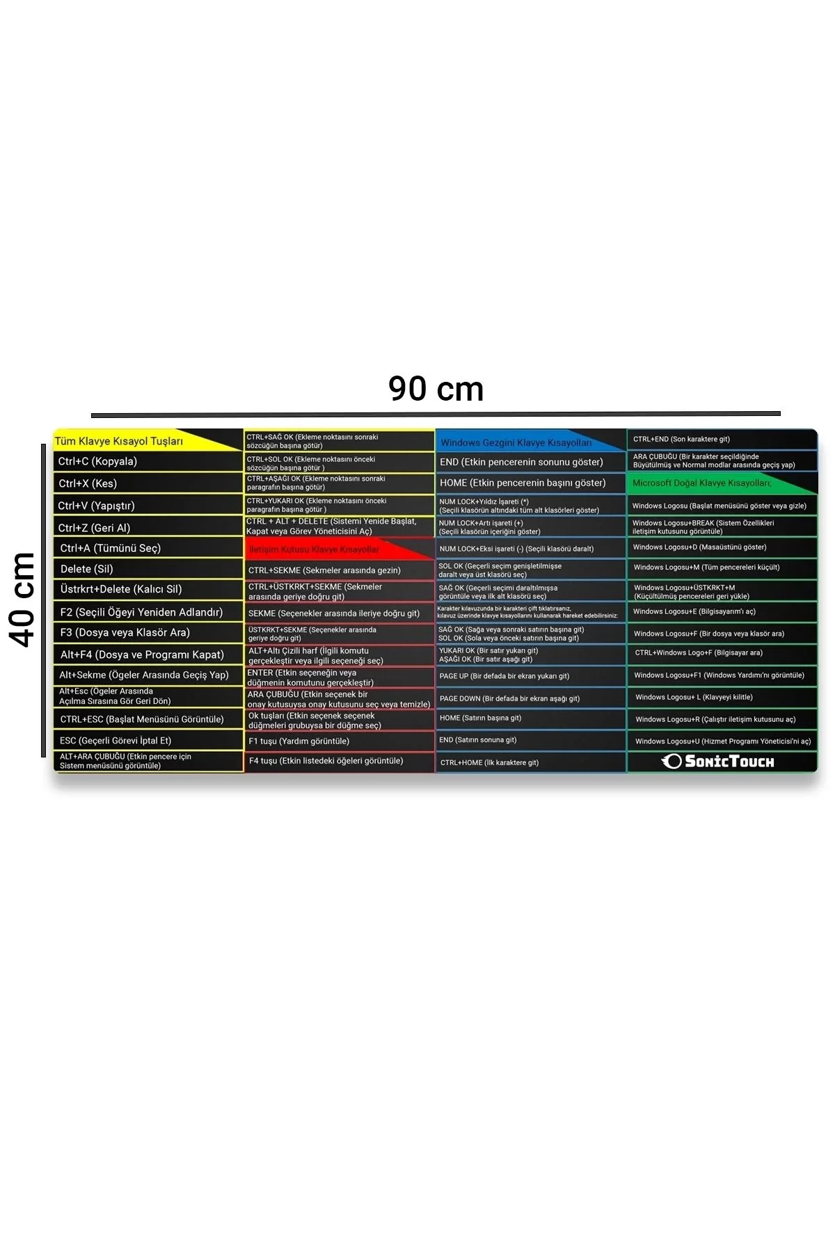 SonicTouch UltraGrand Windows Klavye Kısayol Tuşları Tablosu Referans Kılavuzu Xxl Klavye Mouse Pad 40x90Cm