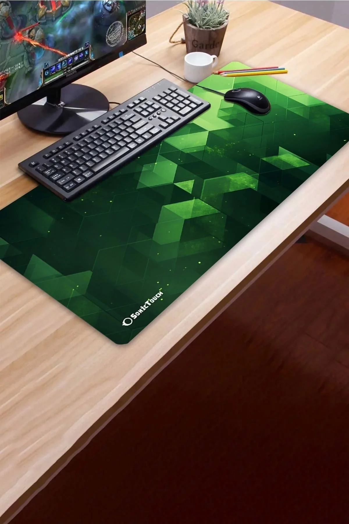 SonicTouch UltraGrand Zümrüt Yeşili Küpler Gamer Oyuncu Xxl Klavye Mouse Pad 40x90Cm