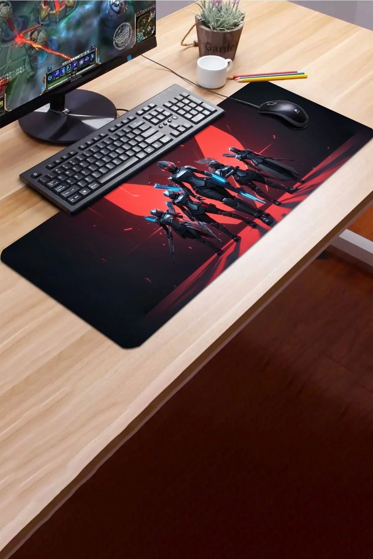 SonicTouch V-Team Kaymaz Gaming Oyuncu Masaüstü Dikişsiz Kırmızı Siyah Klavye Mouse Pad 32x70Cm