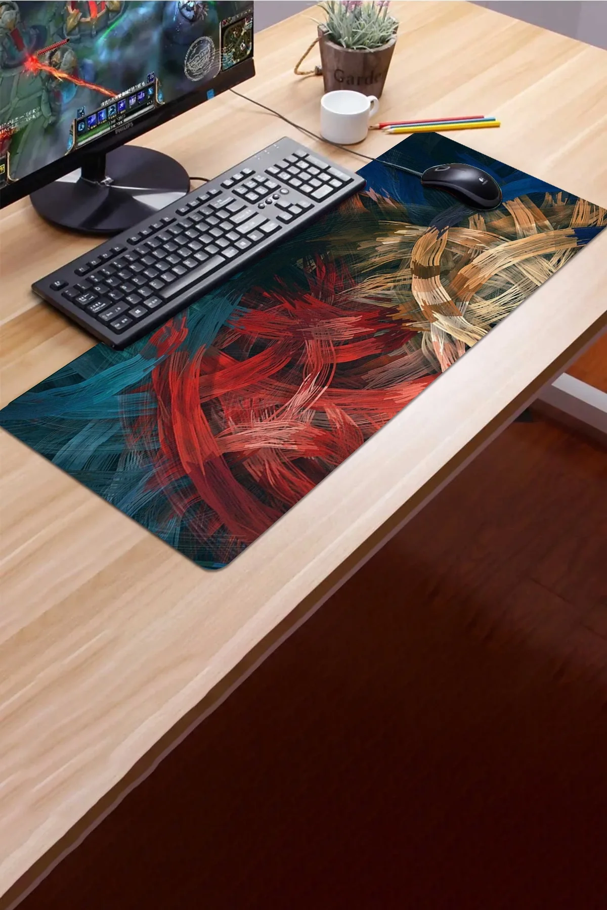 SonicTouch Soyut Renkli Çizgiler Gamer Oyuncu Dikişsiz Sıvı Geçirmez Klavye Mouse Pad 32x70Cm