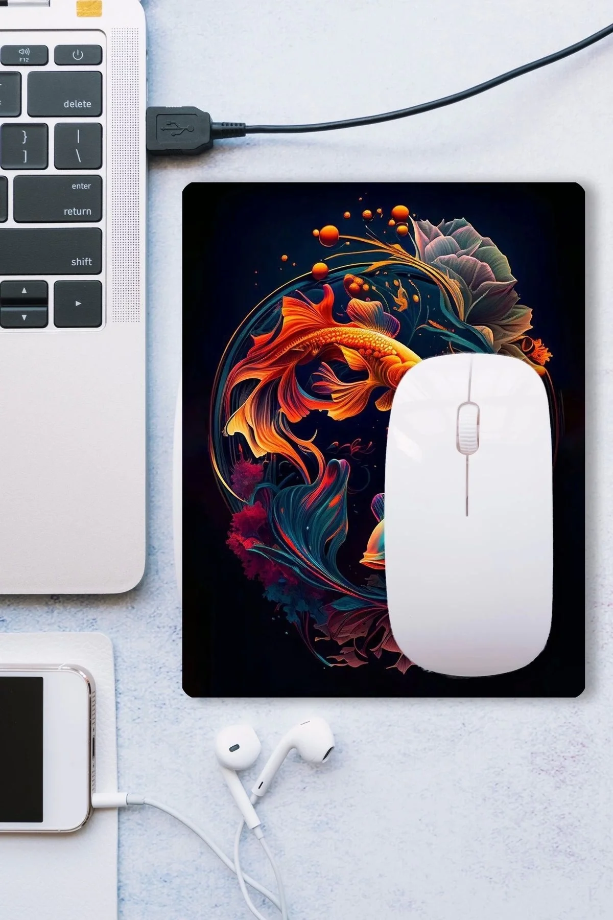 SonicTouch Ying Yang Temalı Mavi Turuncu Koi Balığı Kaydırmaz Gaming Oyuncu Dikişsiz Mouse Pad17x21cm