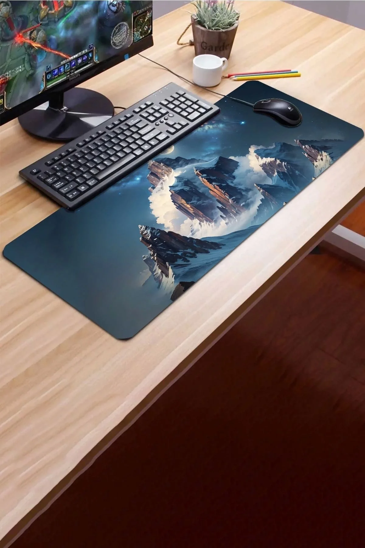 SonicTouch Yükselen Zafer Ay Yıldızlı Dağ Zirvesi Temalı Kaymaz Gaming Oyuncu Dikişsiz Klavye Mouse Pad 32x70Cm