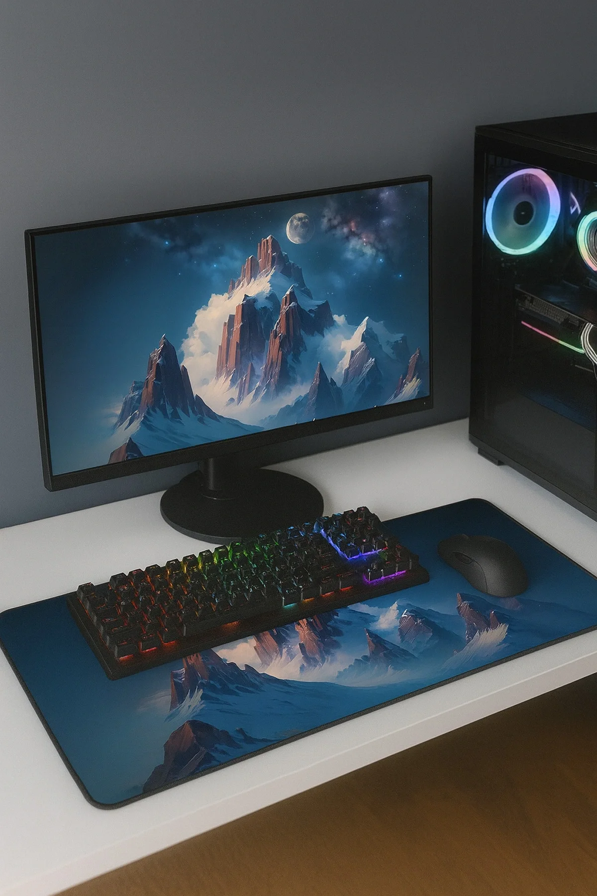 SonicTouch Yükselen Zafer Ay Yıldızlı Dağ Zirvesi Temalı Kaymaz Gaming Oyuncu Dikişsiz Klavye Mouse Pad 32x70Cm