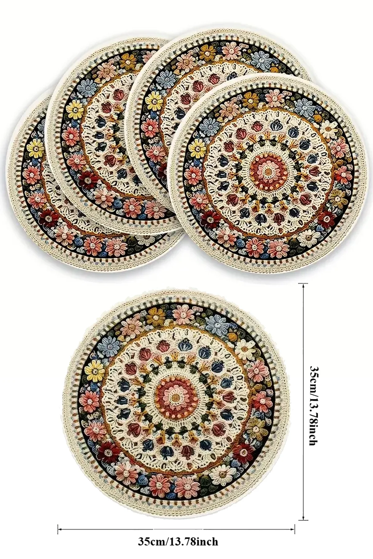 Valerine Life 6’lı Yuvarlak Amerikan Servis Altlığı 35x35cm Restoran Ev İçin Yıkanabilir Kaymaz Çiçekli