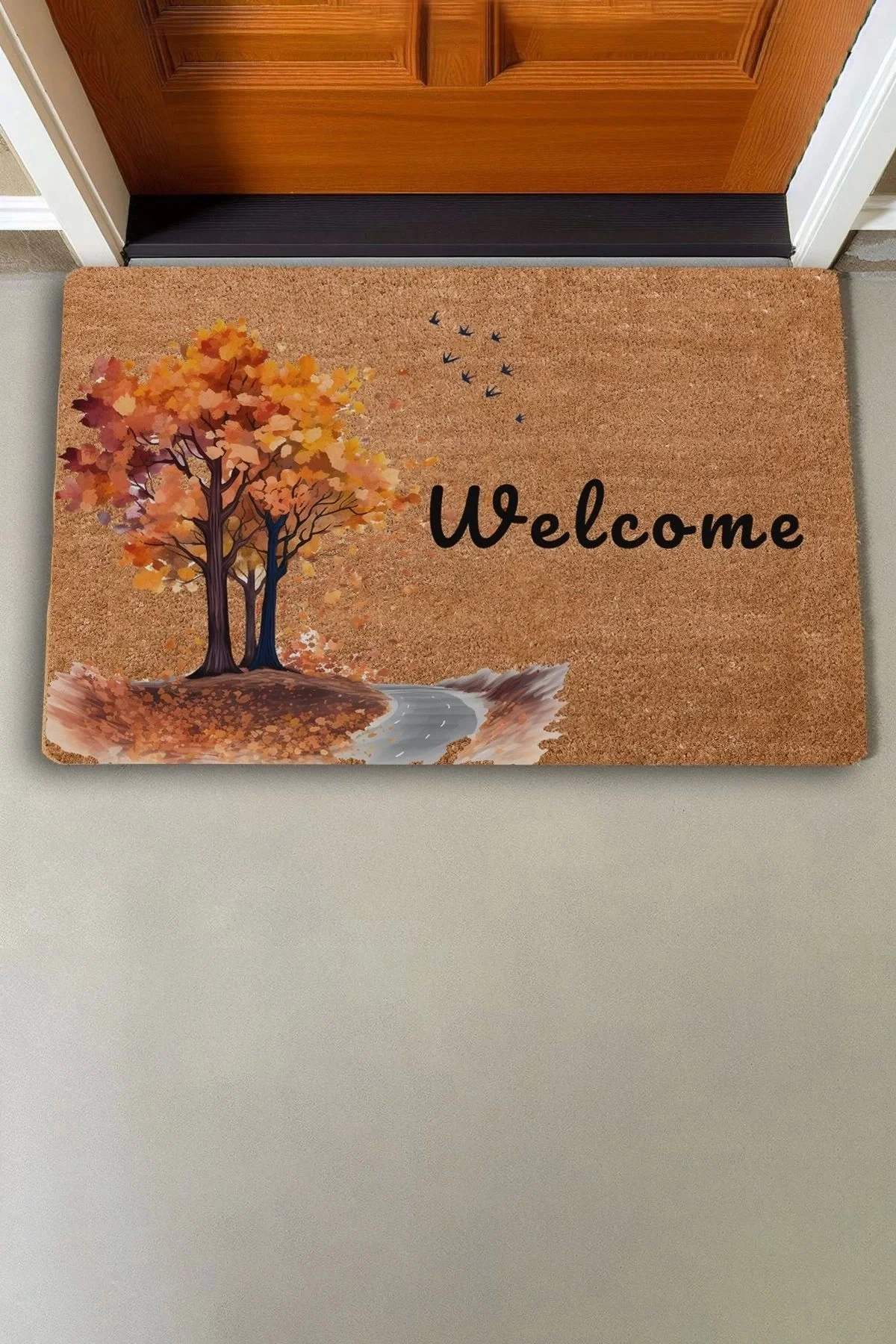 Valerine Life Ağaç ve Kuşlar Sonbahar Temalı Welcome Kapı Önü Paspası 45x70cm