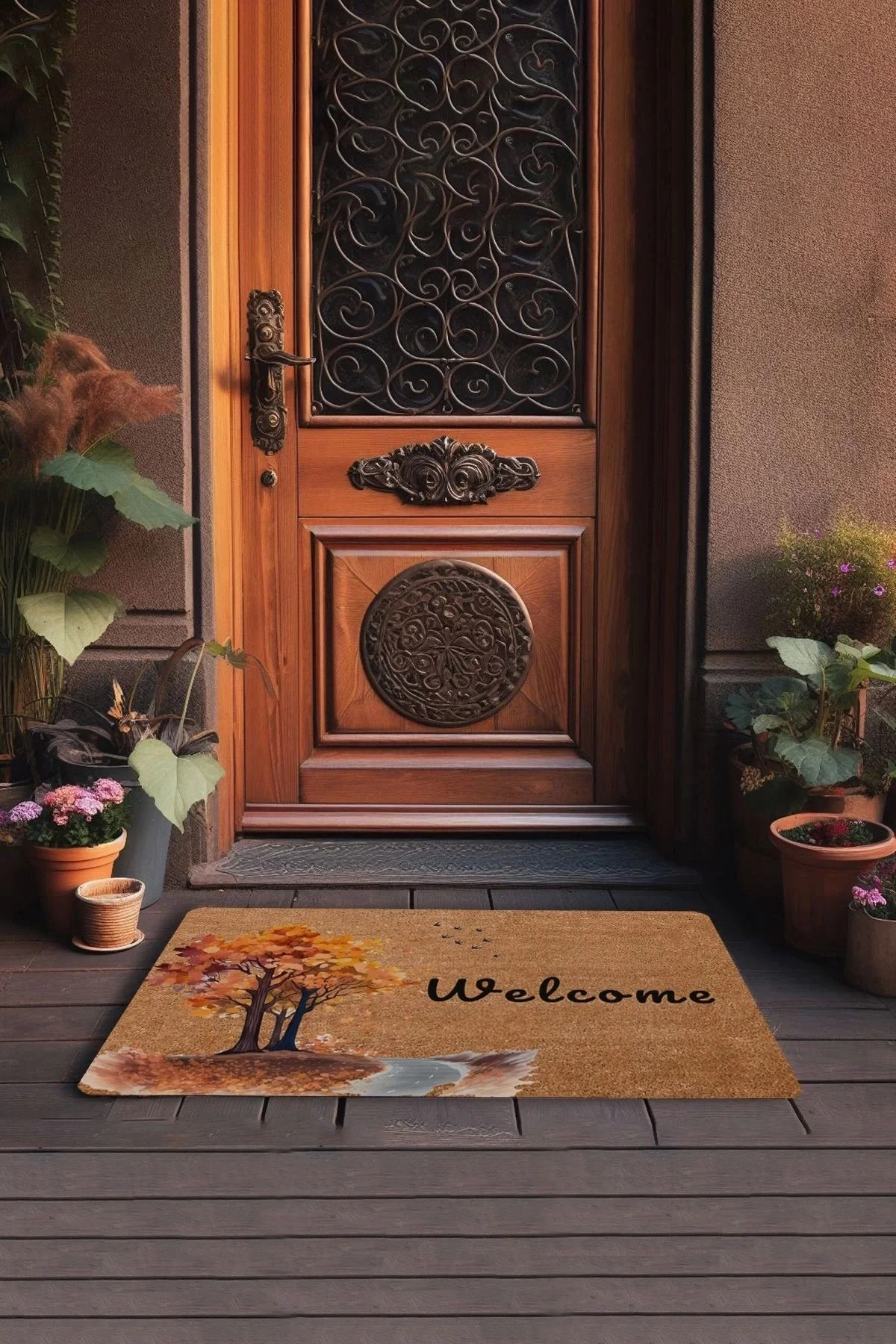 Valerine Life Ağaç ve Kuşlar Sonbahar Temalı Welcome Kapı Önü Paspası 45x70cm