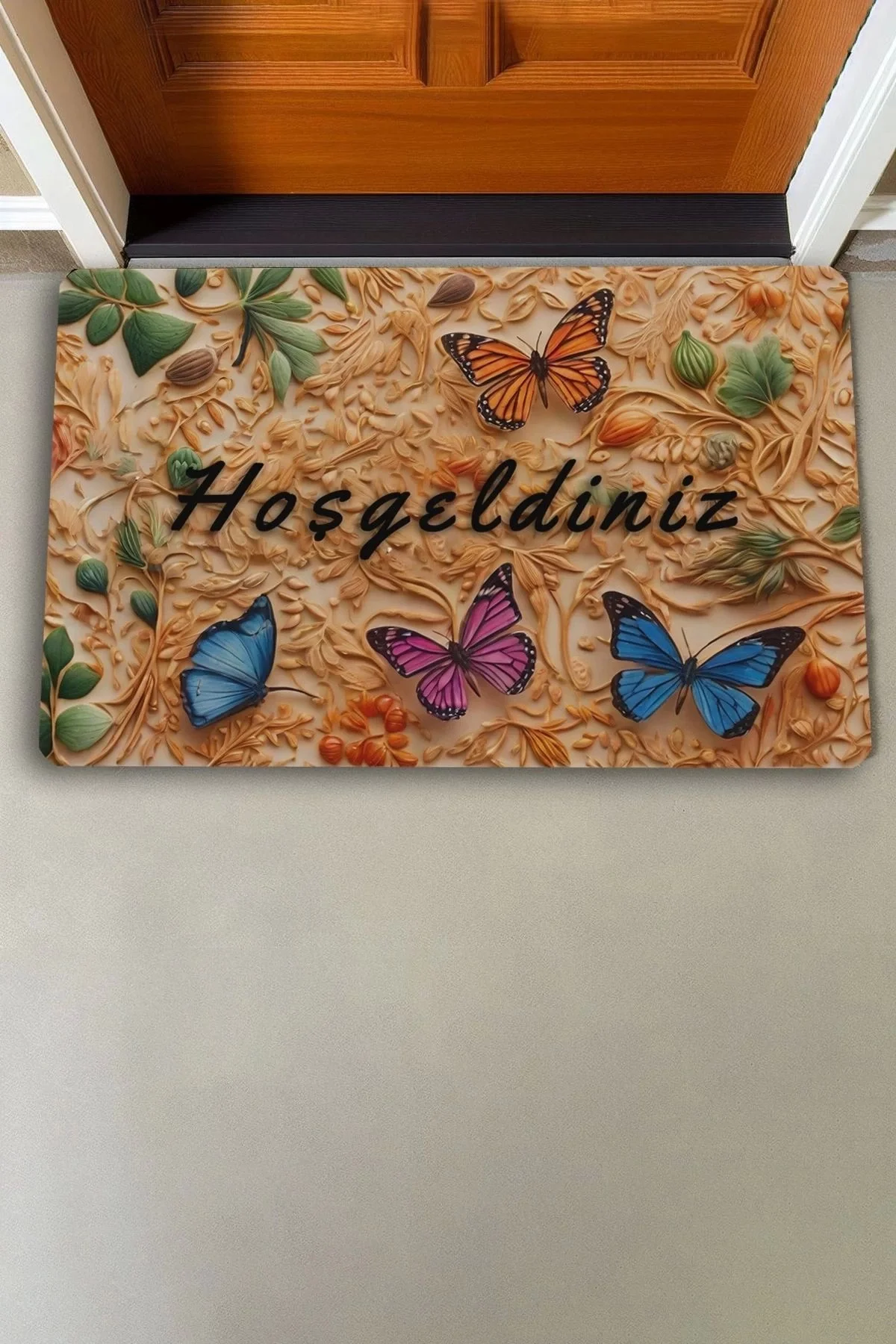 Valerine Life Ahşap Oyma Temalı Kelebekli Hoş Geldiniz Kapı Önü Paspası 45x70cm