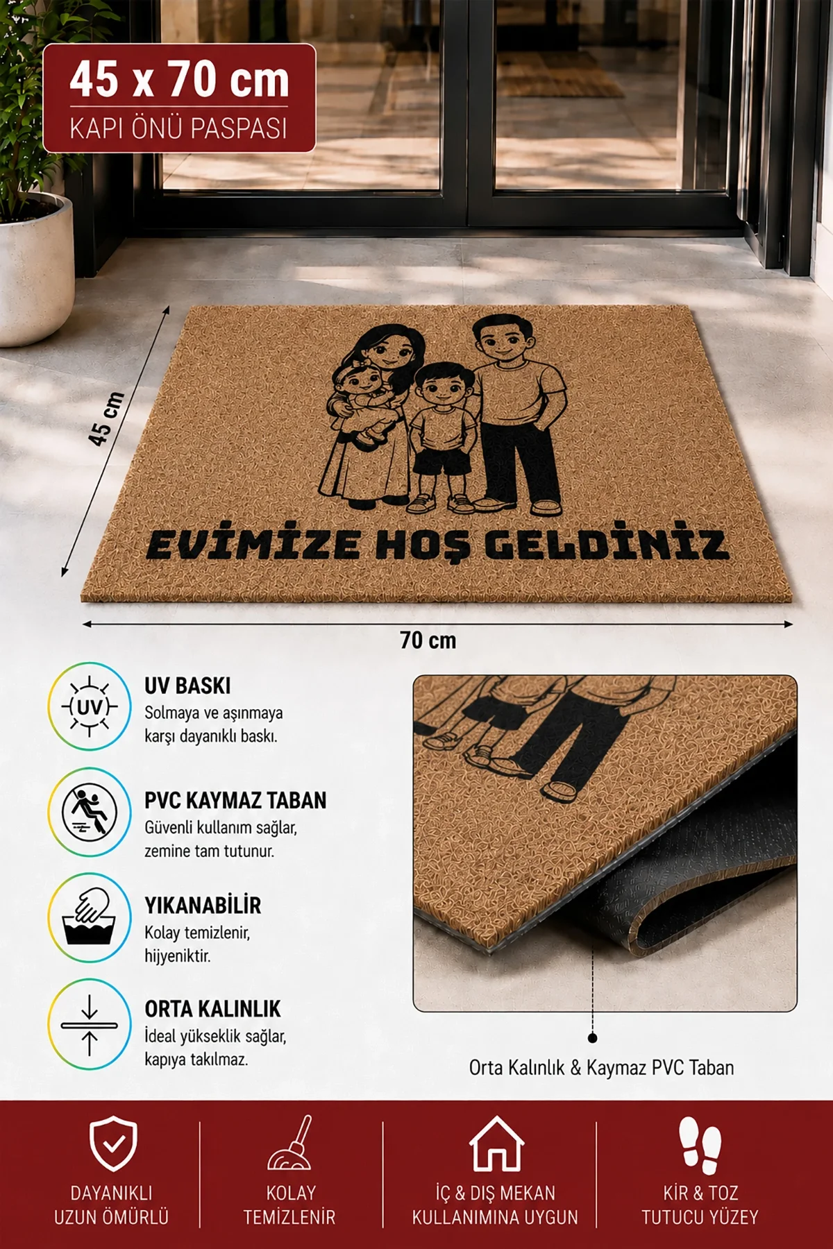 Valerine Life Aileye Özel Karikatürize Coco Hoş Geldiniz Koko Ev iç Dış Kapı Önü Paspası 45x70cm