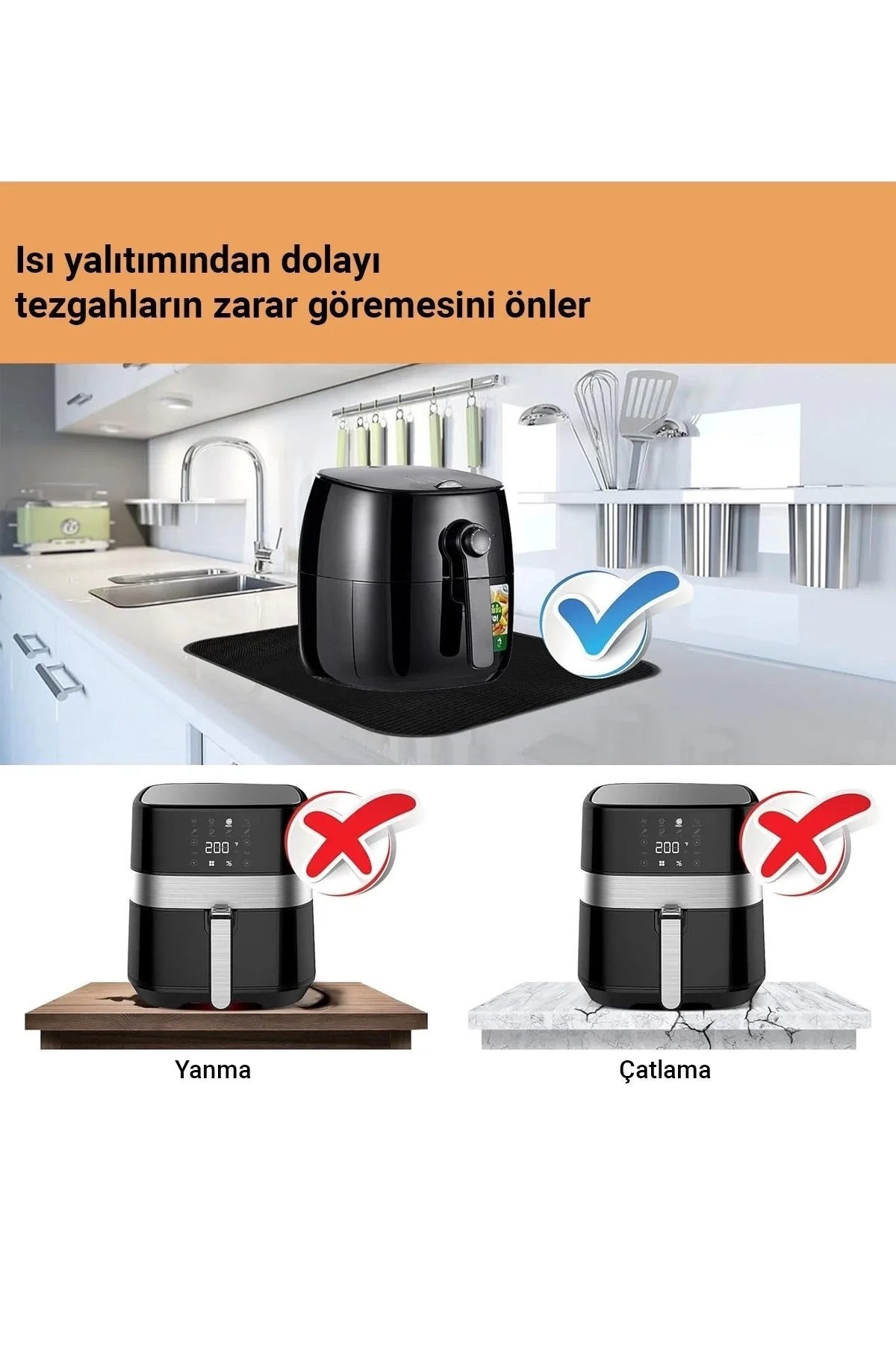 Valerine Life Airfryer Matı Isıya Dayanıklı Su Geçirmez Kaymaz Yıkanabilir Siyah Pad 35x45cm