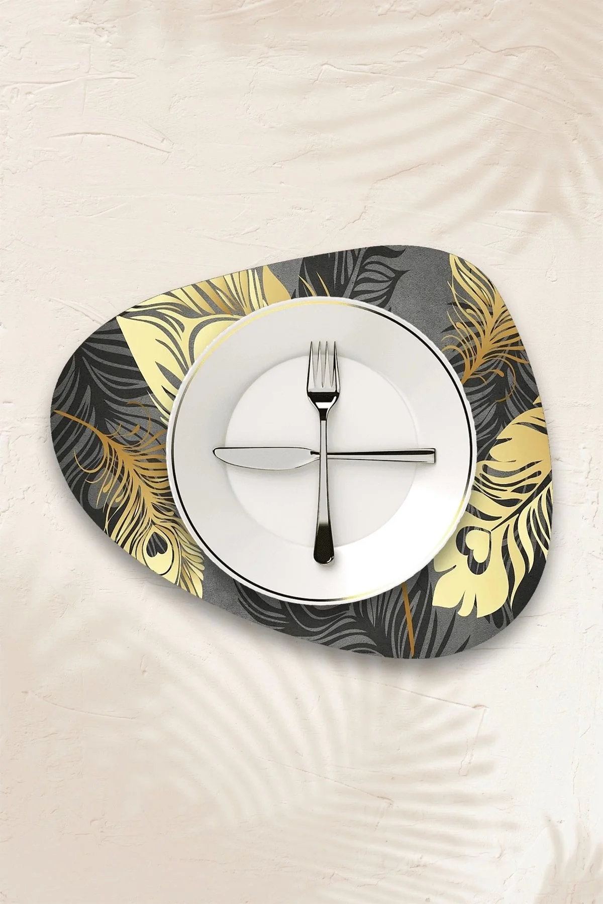 Valerine Life Altın Gold Tüy Desenli Amerikan Deri Kaymaz Yıkanabilir Servis Tabak Altlığı 12 Parça 6 Kişilik