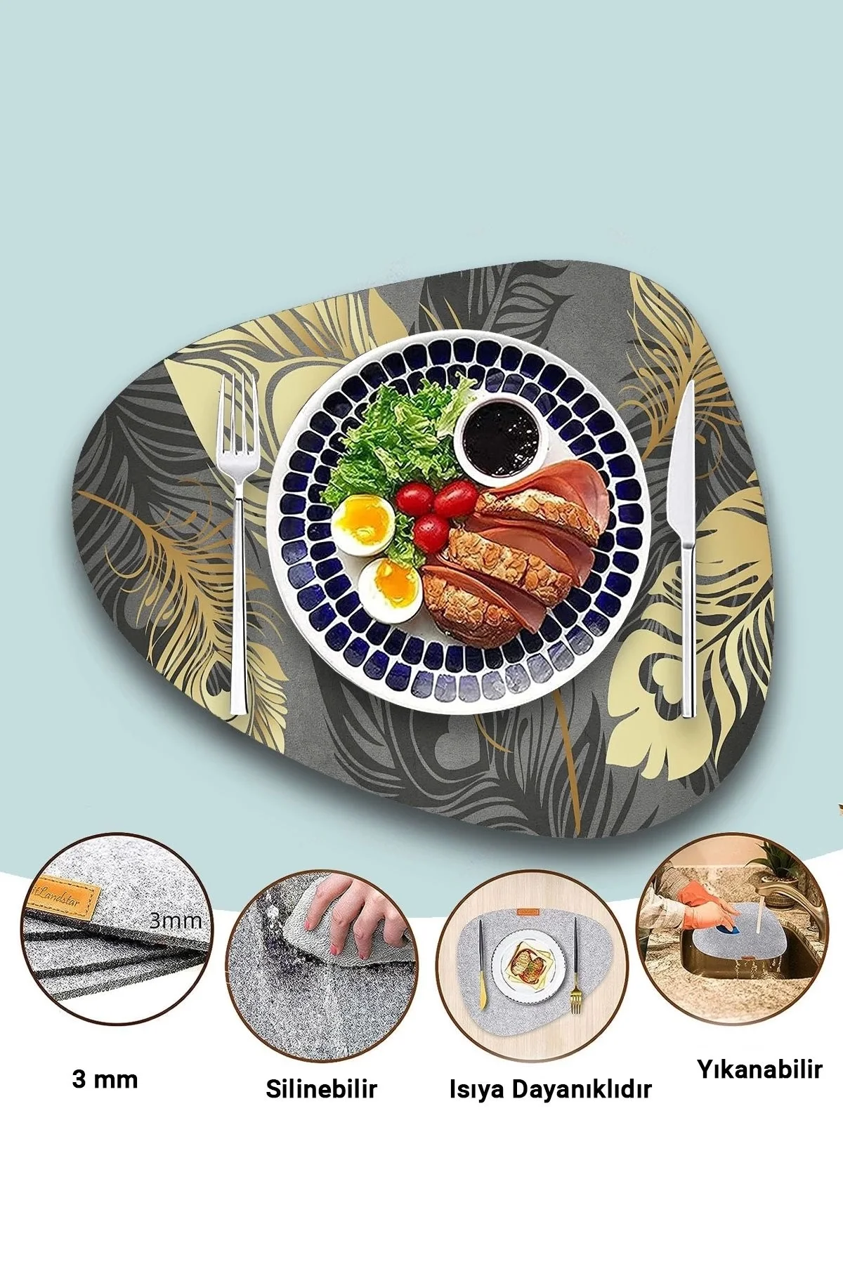 Valerine Life Altın Gold Tüy Desenli Amerikan Deri Kaymaz Yıkanabilir Servis Tabak Altlığı 12 Parça 6 Kişilik