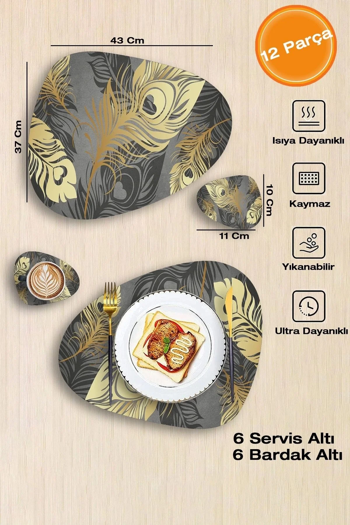 Valerine Life Altın Gold Tüy Desenli Amerikan Deri Kaymaz Yıkanabilir Servis Tabak Altlığı 12 Parça 6 Kişilik