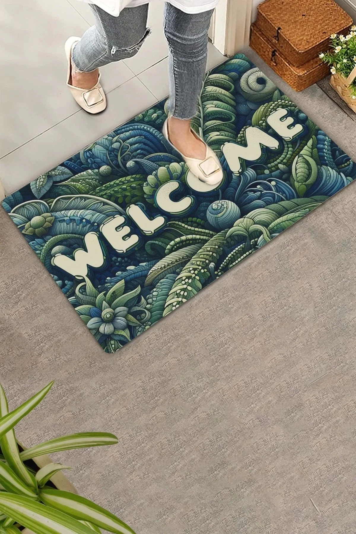 Valerine Life Amazon Yaprak Desenli Welcome Kapı Önü Paspası 45x70cm