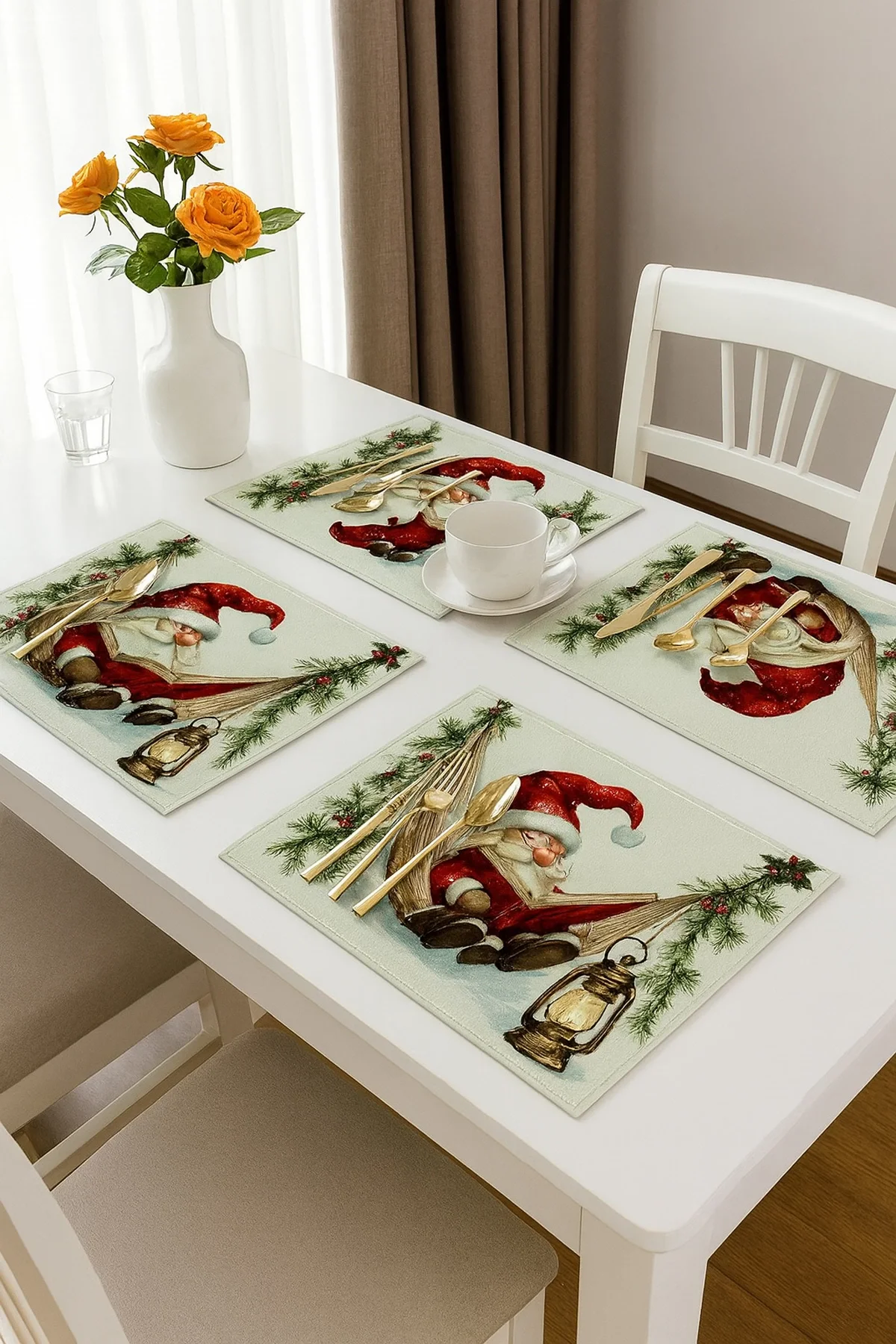 Valerine Life Noel Babalı Amerikan Servis Altlığı Kaymaz Yıkanabilir 6 Kişilik Koruyucu Masa Örtüsü