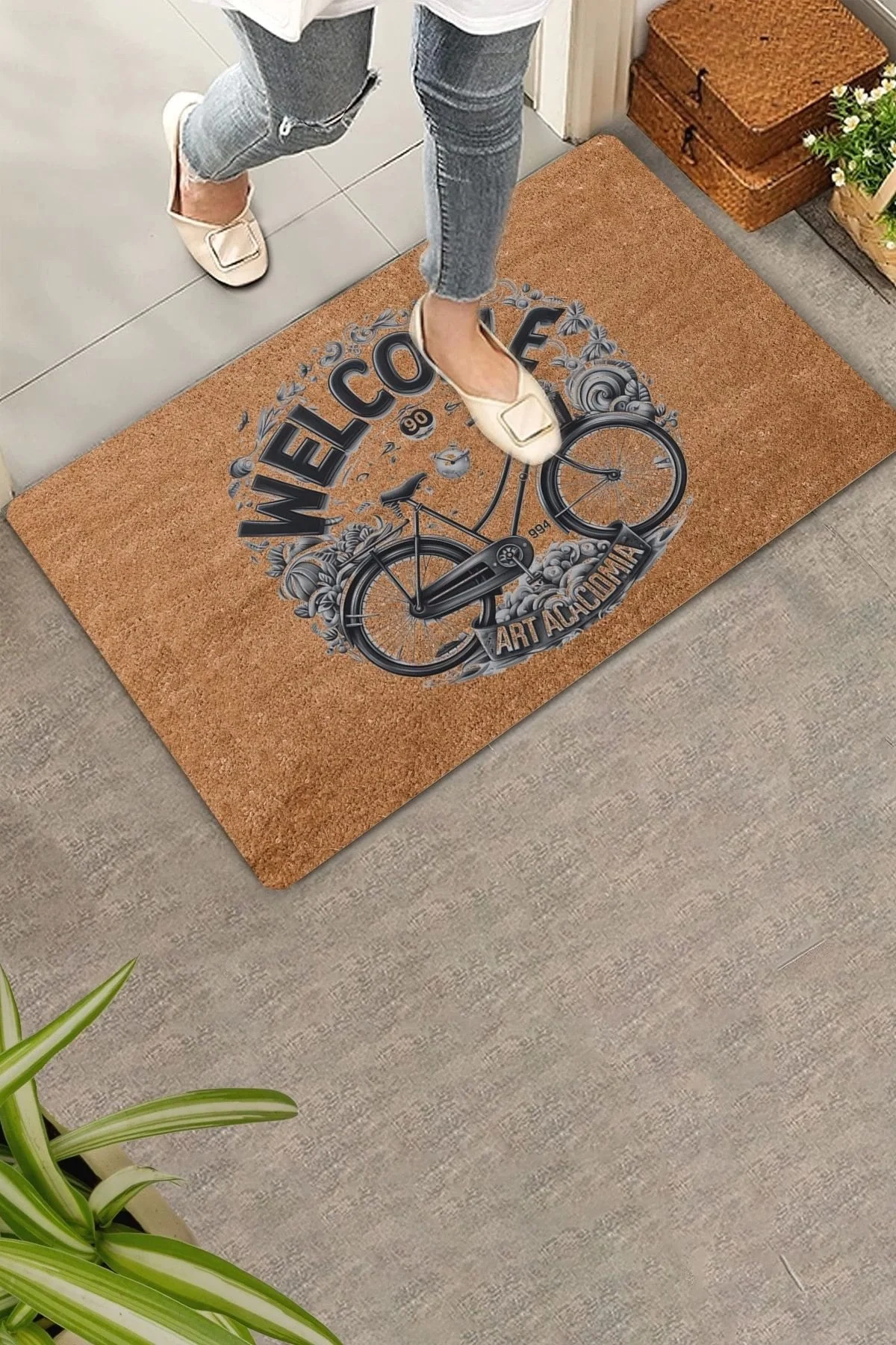 Valerine Life Art Academy Sepetli Bisiklet Welcome Kapı Önü Paspası 45x70cm