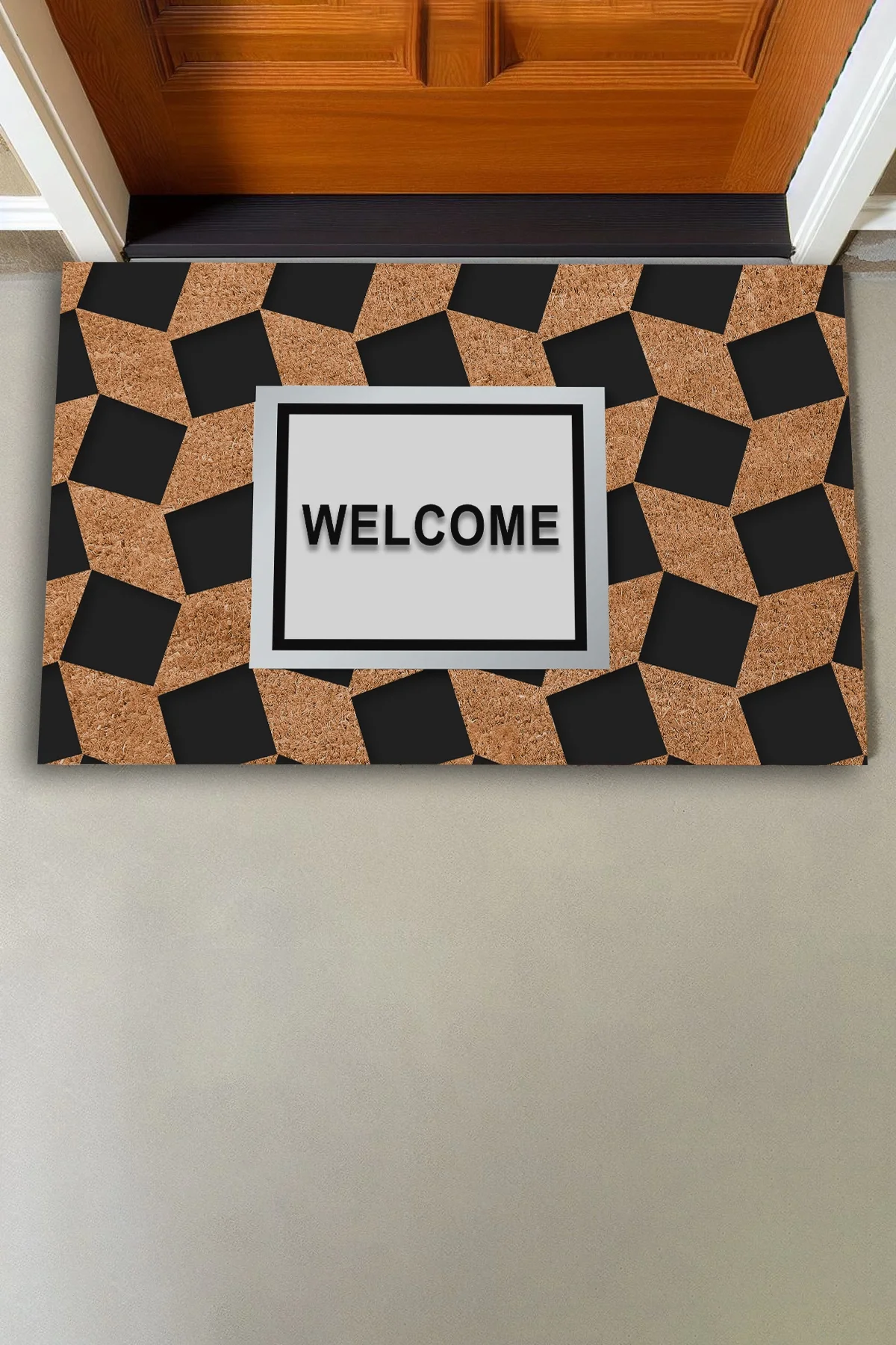 Valerine Life Ekose Desenli Kahverengi Siyah Welcome Hoş Geldiniz Kapı Önü Paspası 45x70cm