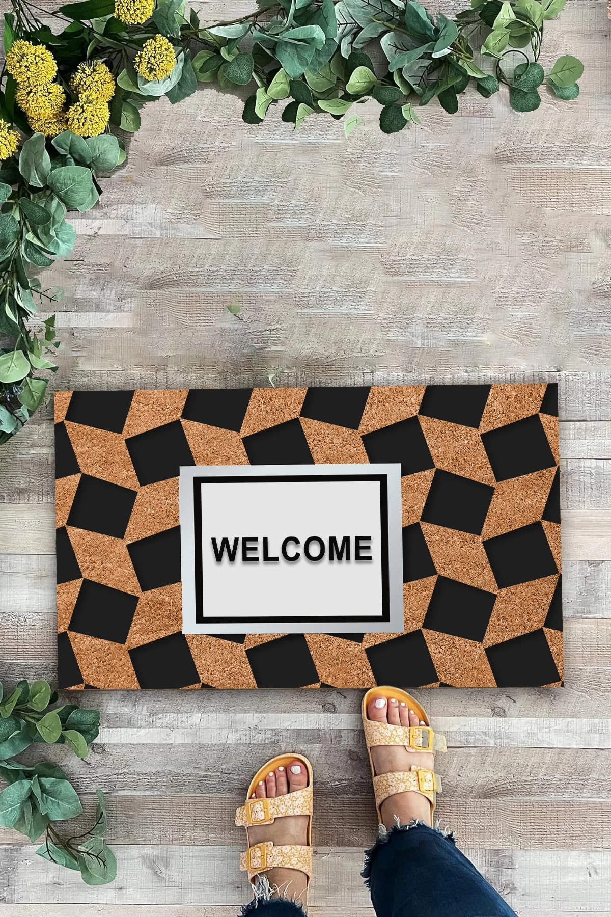 Valerine Life Ekose Desenli Kahverengi Siyah Welcome Hoş Geldiniz Kapı Önü Paspası 45x70cm