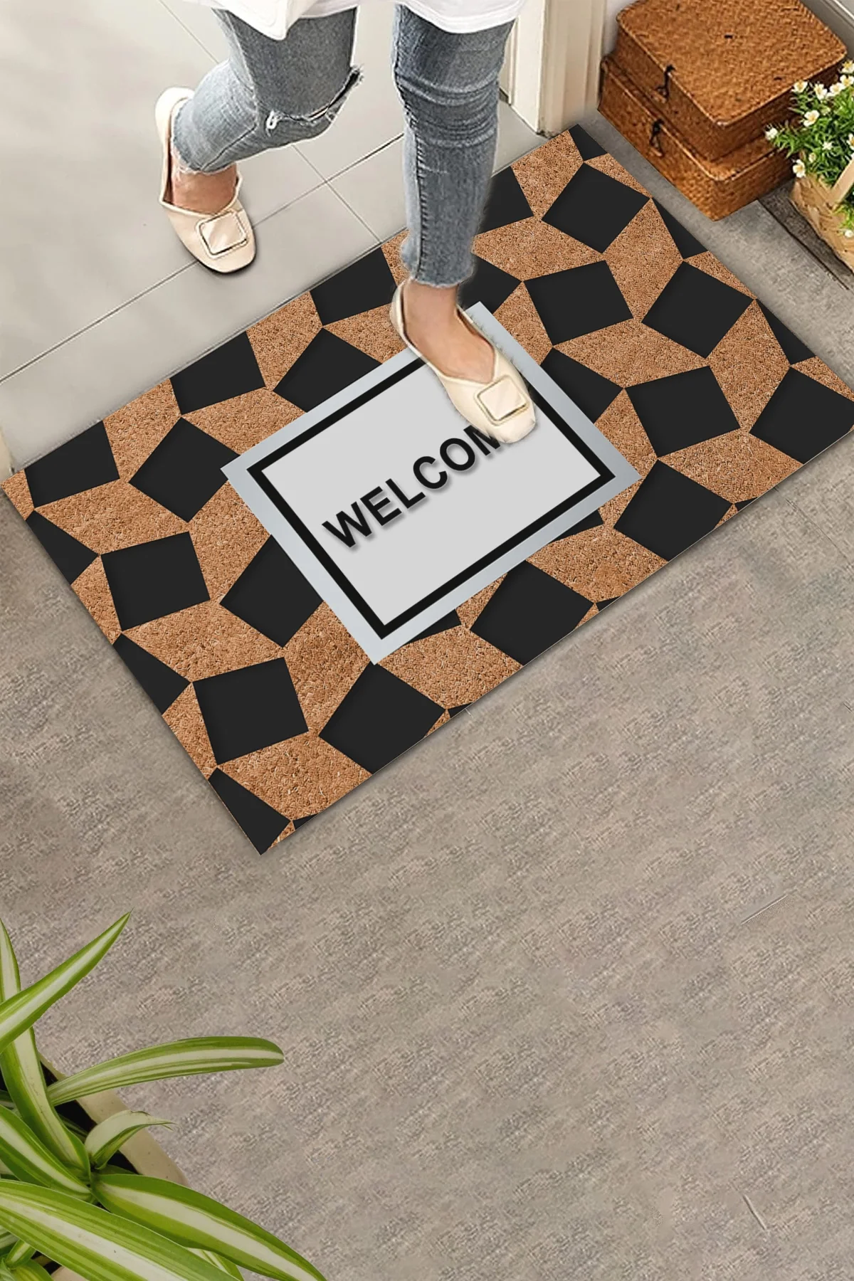 Valerine Life Ekose Desenli Kahverengi Siyah Welcome Hoş Geldiniz Kapı Önü Paspası 45x70cm