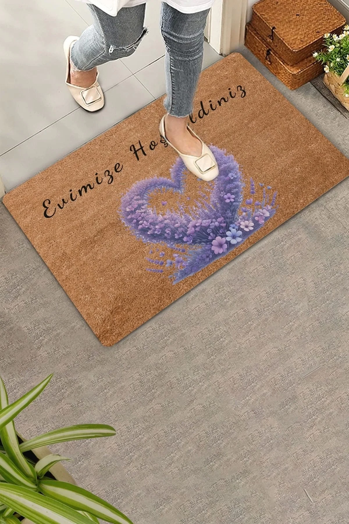 Valerine Life Aşk Çemberi Lavanta Temalı Evimize Hoş Geldiniz Kapı Önü Paspası 45x70cm