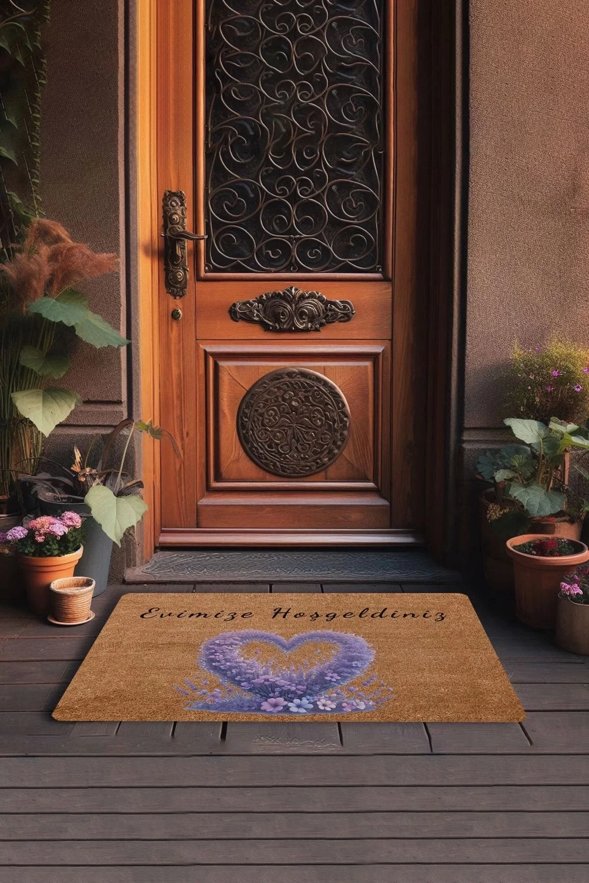 Valerine Life Aşk Çemberi Lavanta Temalı Evimize Hoş Geldiniz Kapı Önü Paspası 45x70cm