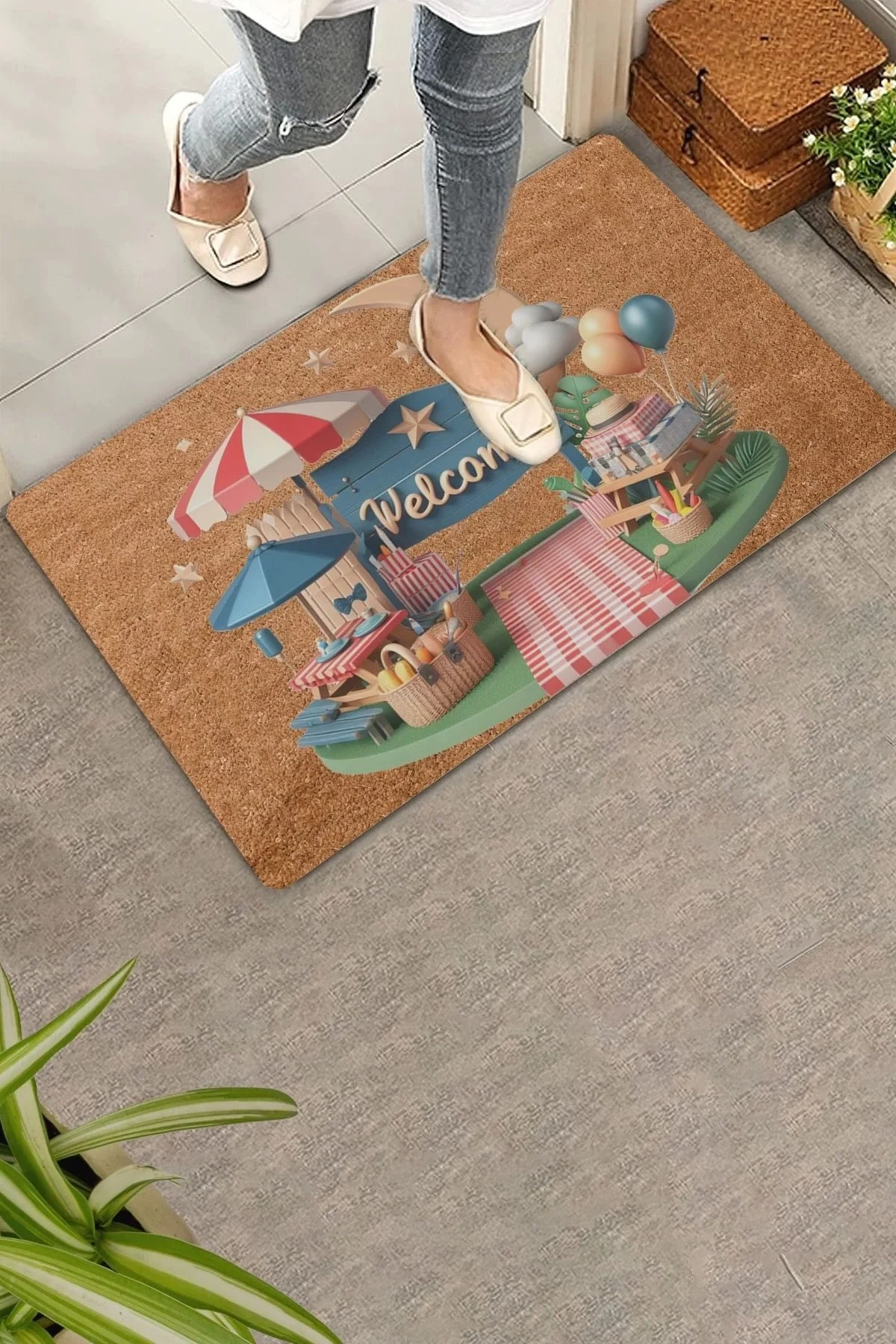 Valerine Life Ay ve Piknik Temalı Welcome Kapı Önü Paspası 45x70cm