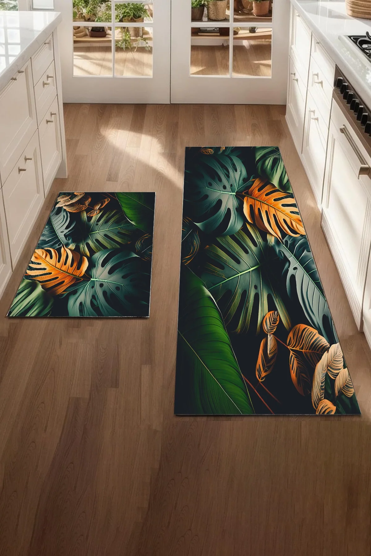 Valerine Life Yeşil Palmiye Yapraklı Mutfak Matı Halısı Yıkanır Kaymaz Taban Tezgah Önü Paspası İkili Set