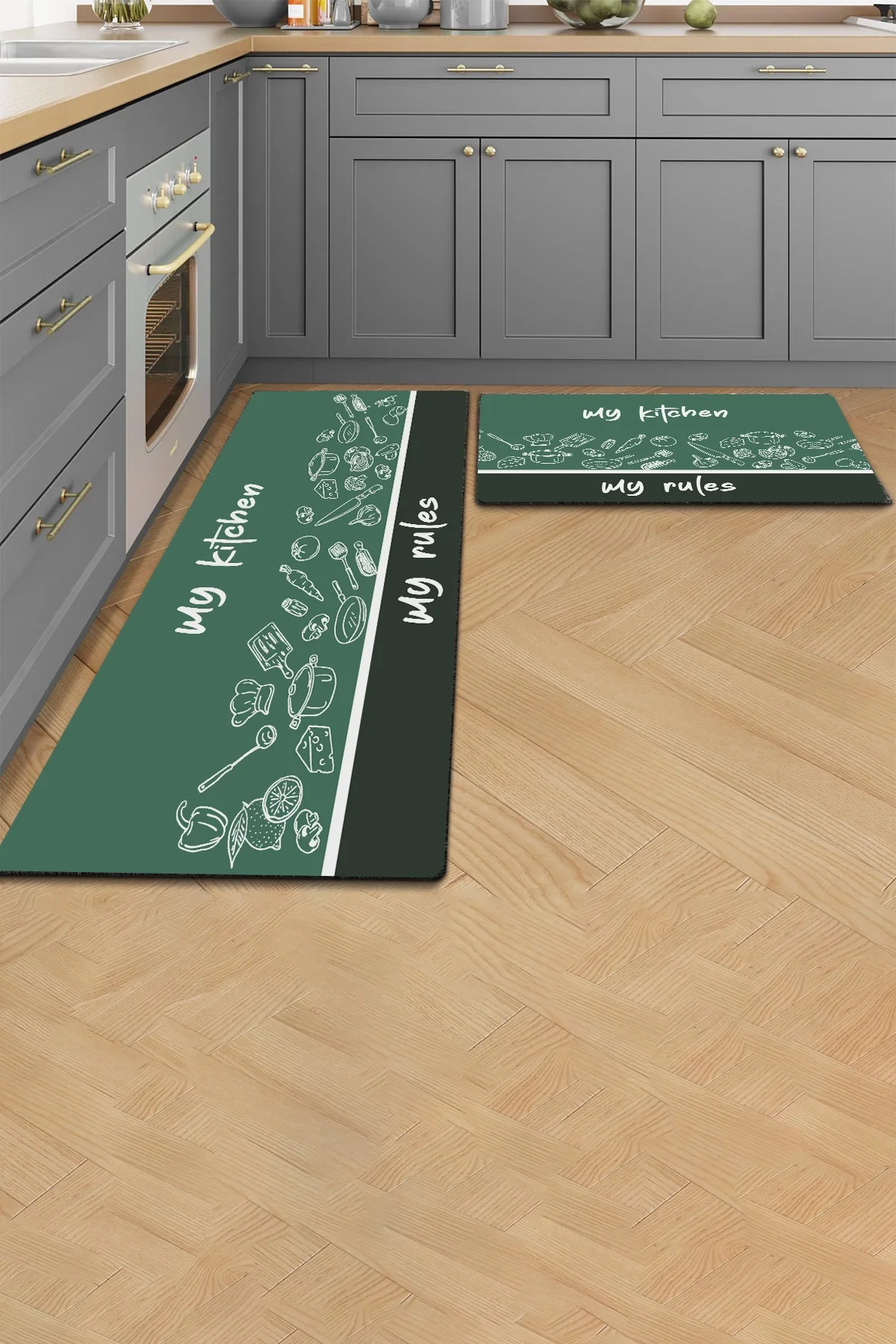 Valerine Life Benim Mutfağım Benim Kurallarım Mutfak Matı Halısı Yıkanır Kaymaz Taban Tezgah Önü Paspası İkili Set