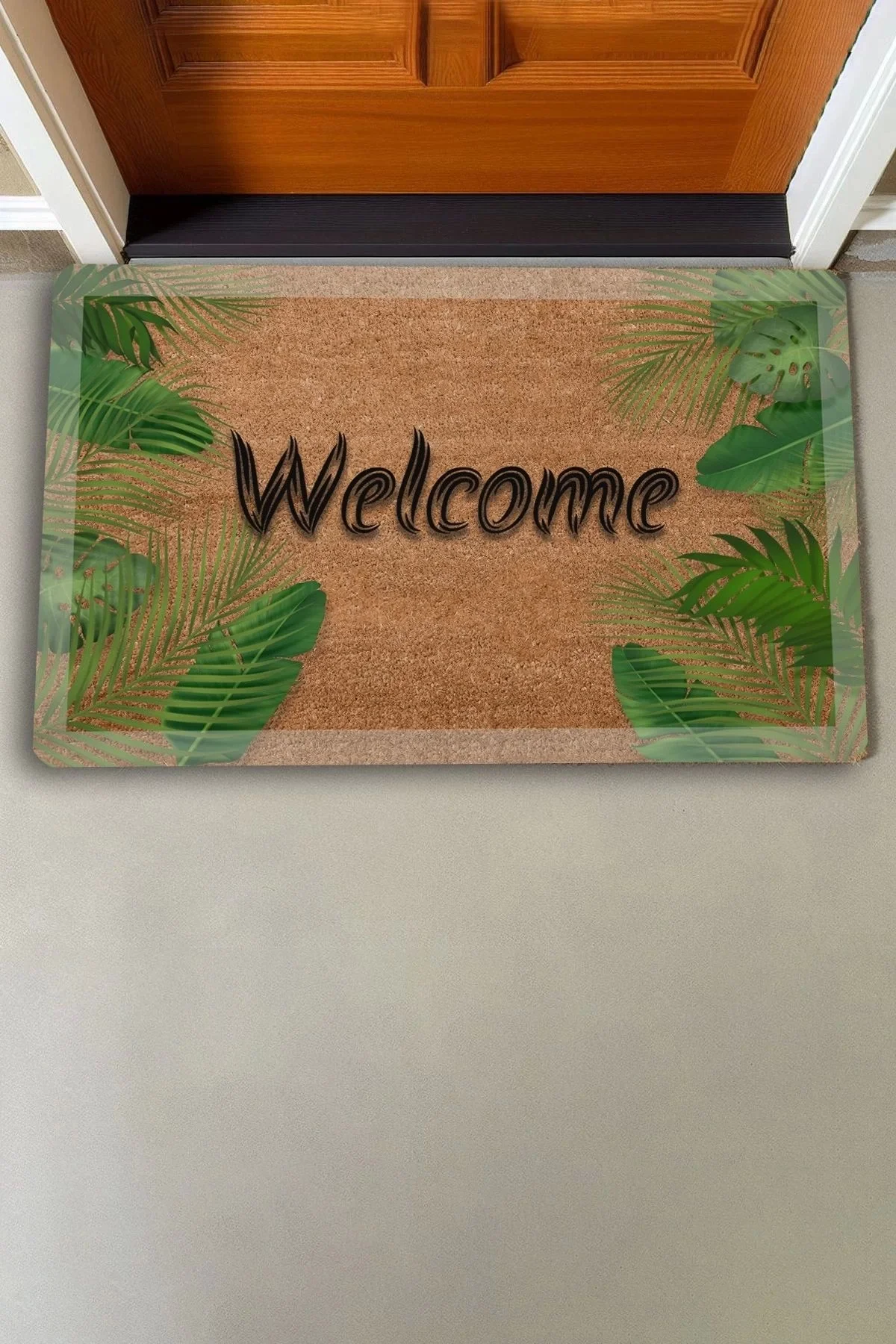 Valerine Life Beyaz Çerçeveli Palmiye Yaprakları Welcome Kapı Önü Paspası 45x70cm