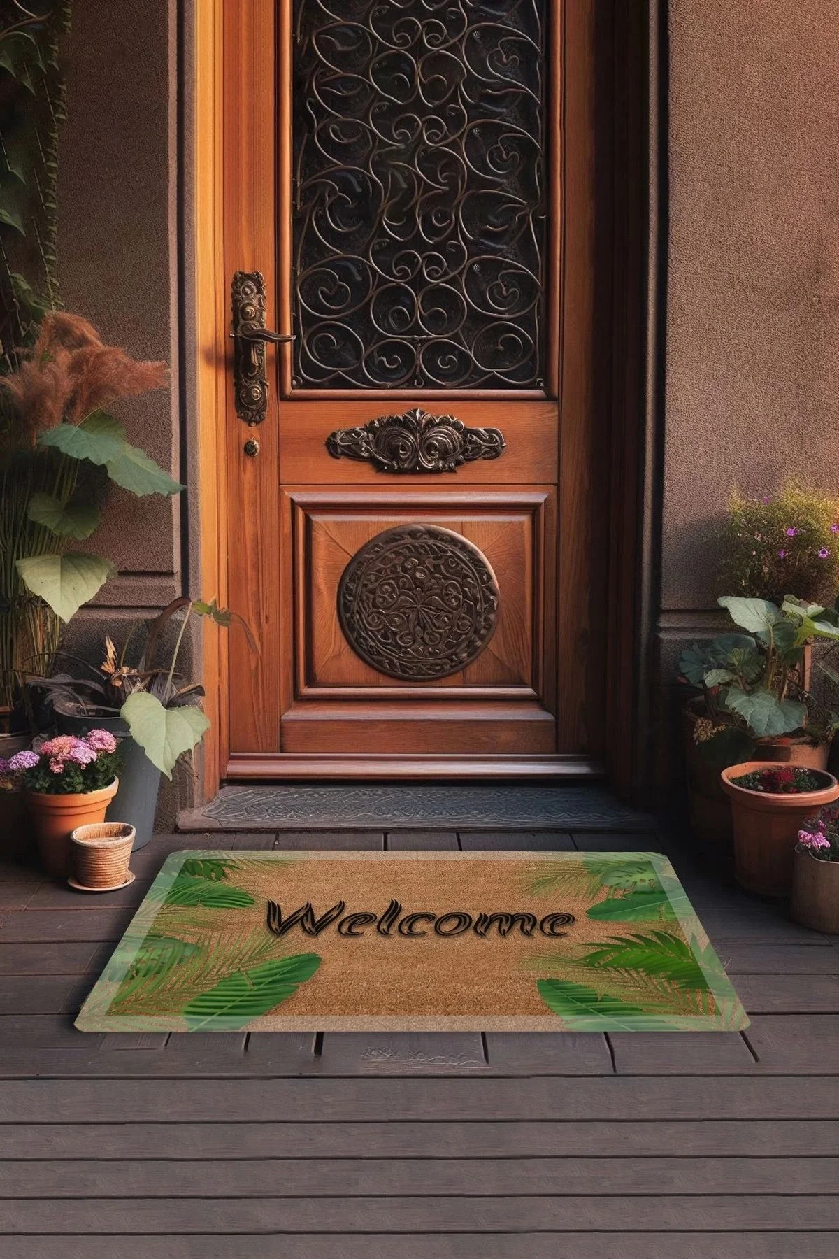 Valerine Life Beyaz Çerçeveli Palmiye Yaprakları Welcome Kapı Önü Paspası 45x70cm