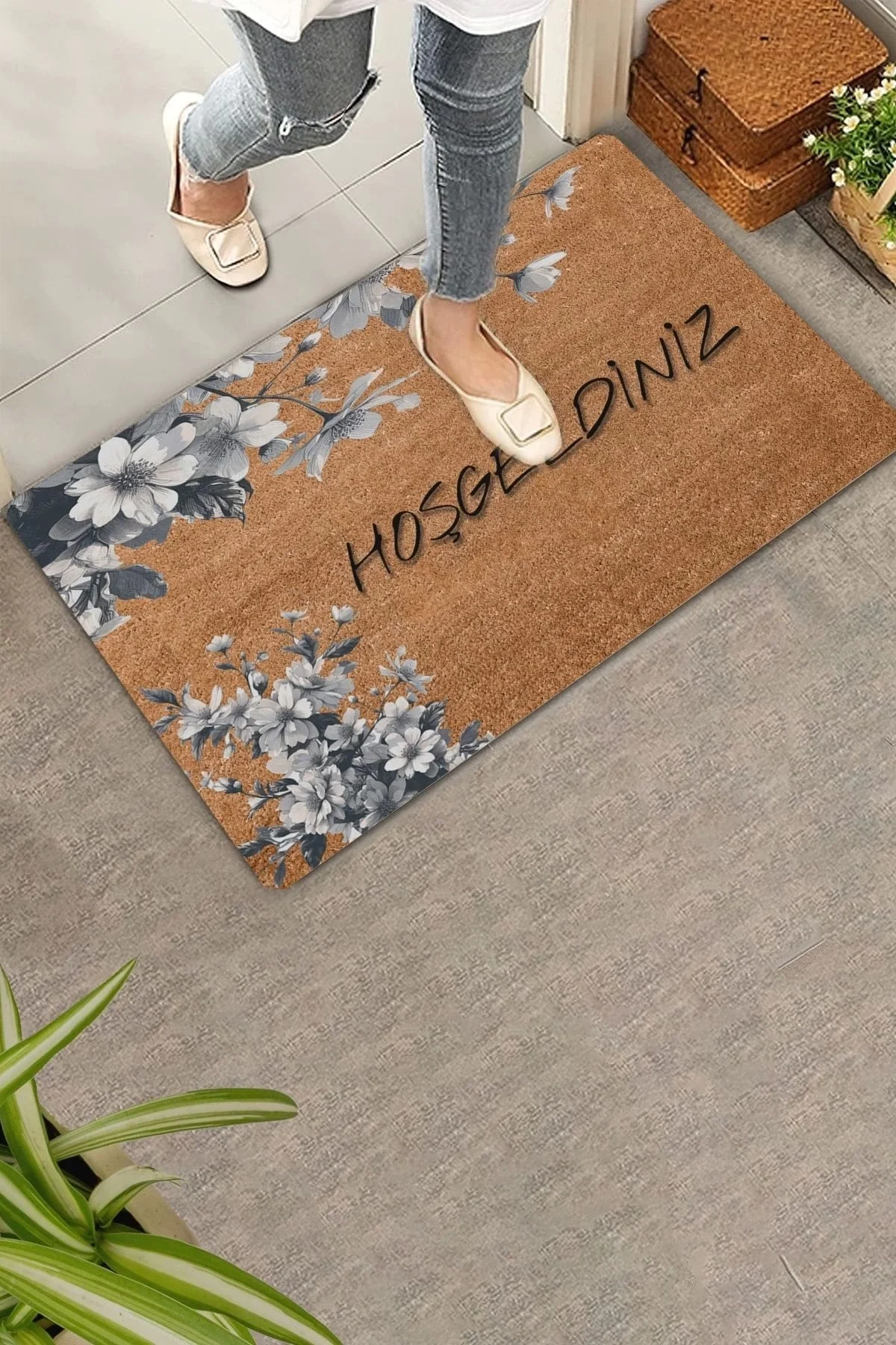 Valerine Life Beyaz Gerbera Çiçekleri Hoş Geldiniz Kapı Önü Paspası 45x70cm