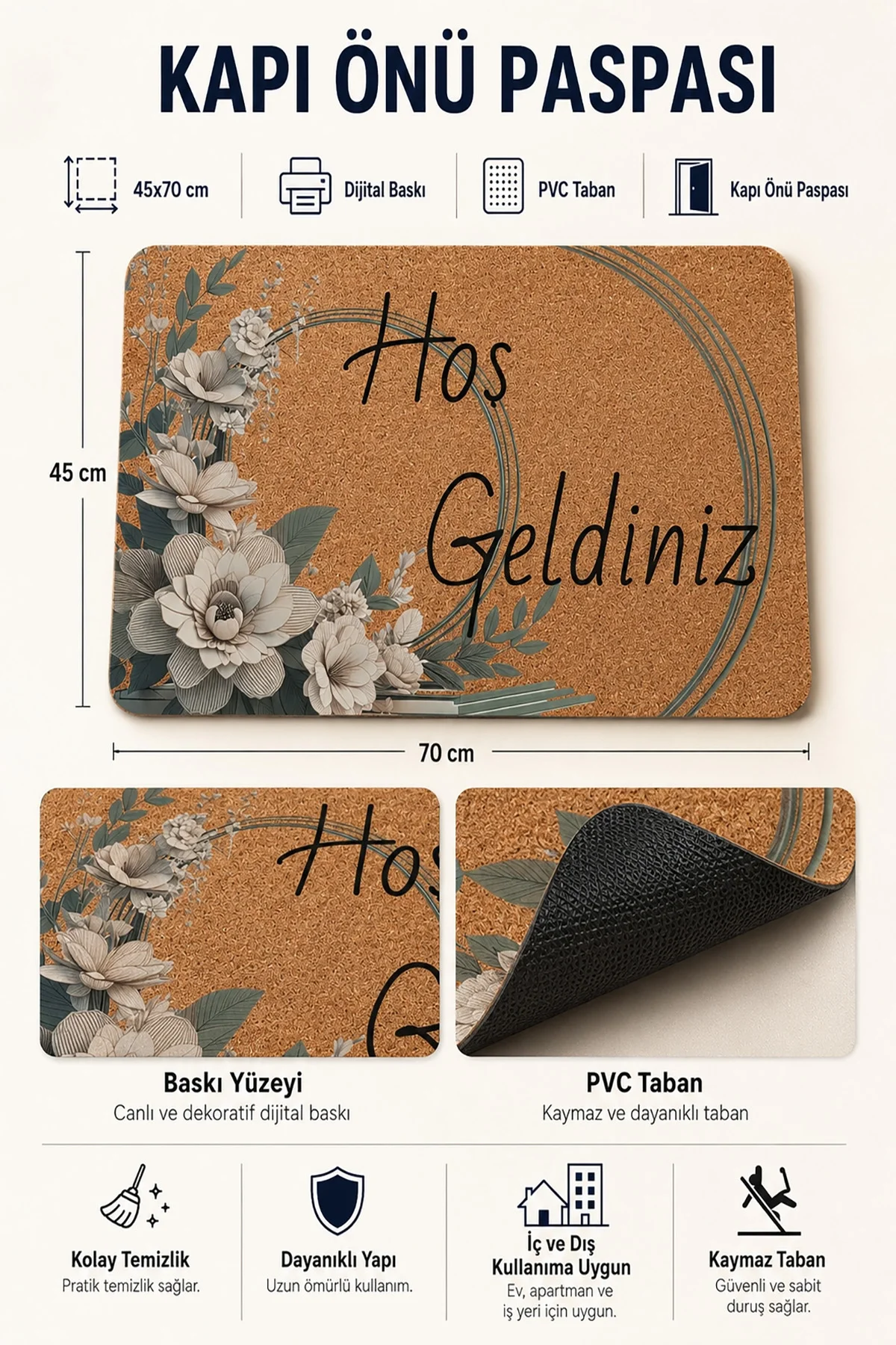 Valerine Life Beyaz Su Zambağı Hoş Geldiniz Ev işyeri iç Dış Kapı Önü Paspası 45x70cm