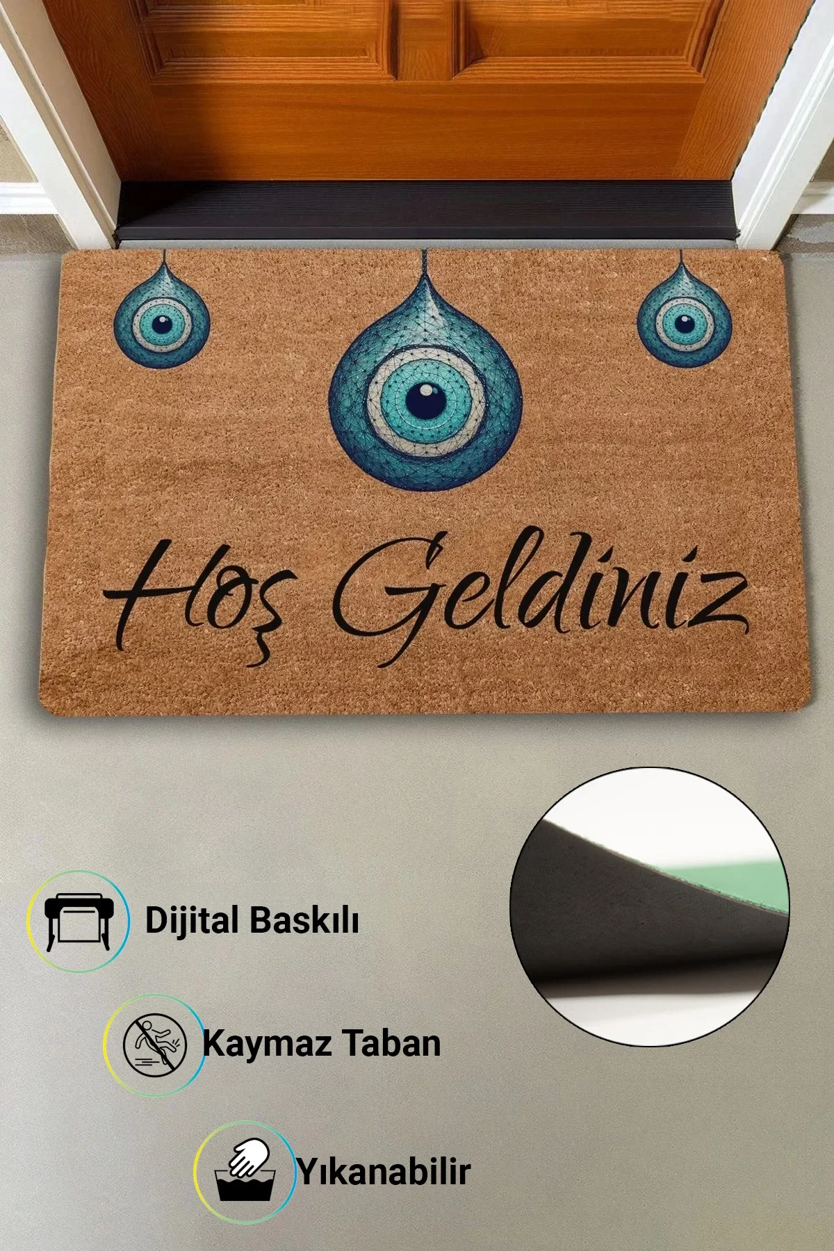 Valerine Life Bize Nazar Değmesin Üçlü Nazar Boncuğu Hoş Geldiniz Welcome Kapı Önü Paspası 45x70cm