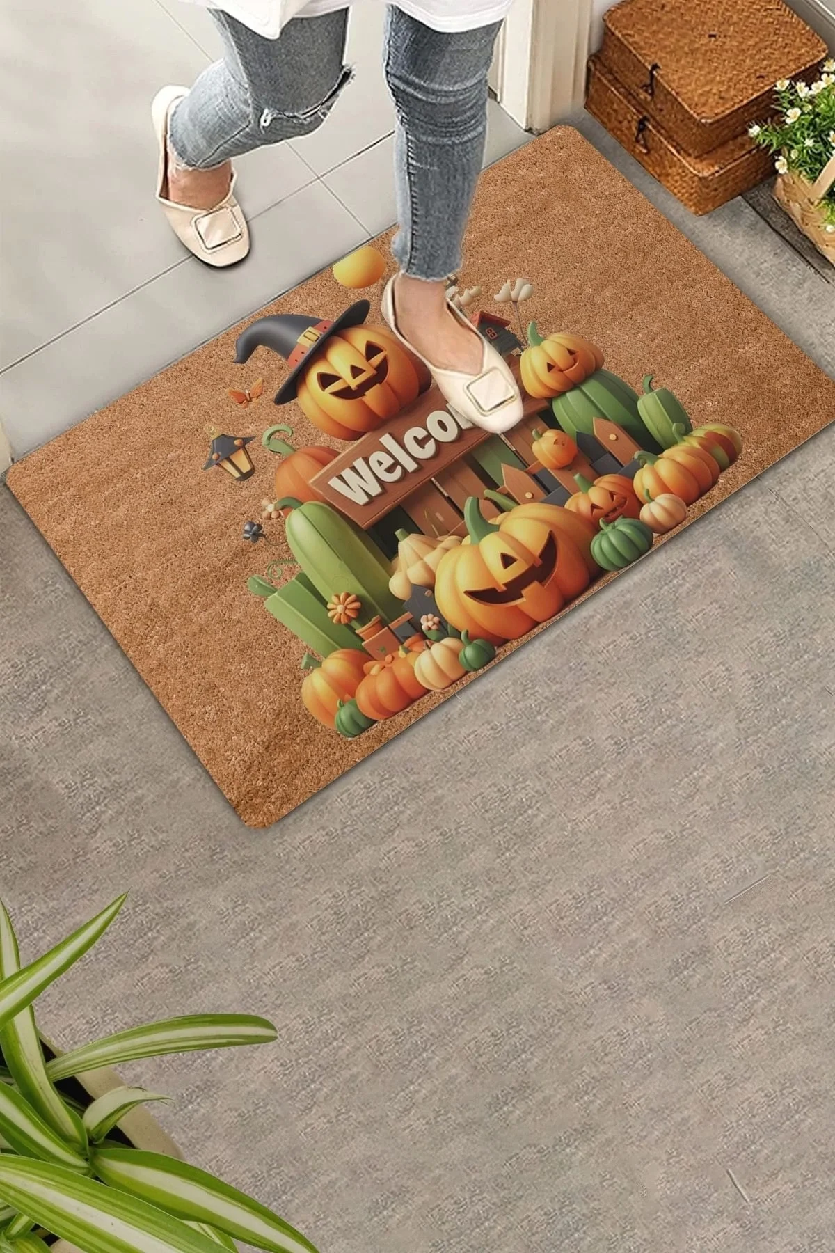 Valerine Life Cadılar Bayramı Bal Kabağı Welcome Kapı Önü Paspası 45x70cm