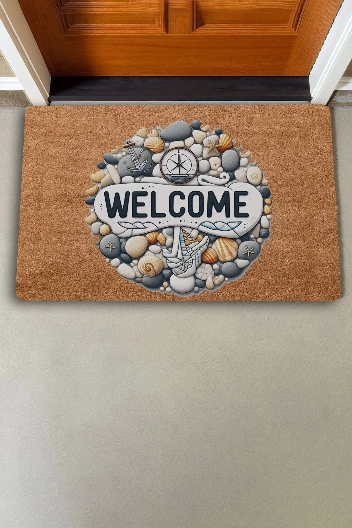Valerine Life Çakıl Taşları ve Pusula Welcome Kapı Önü Paspası 45x70cm