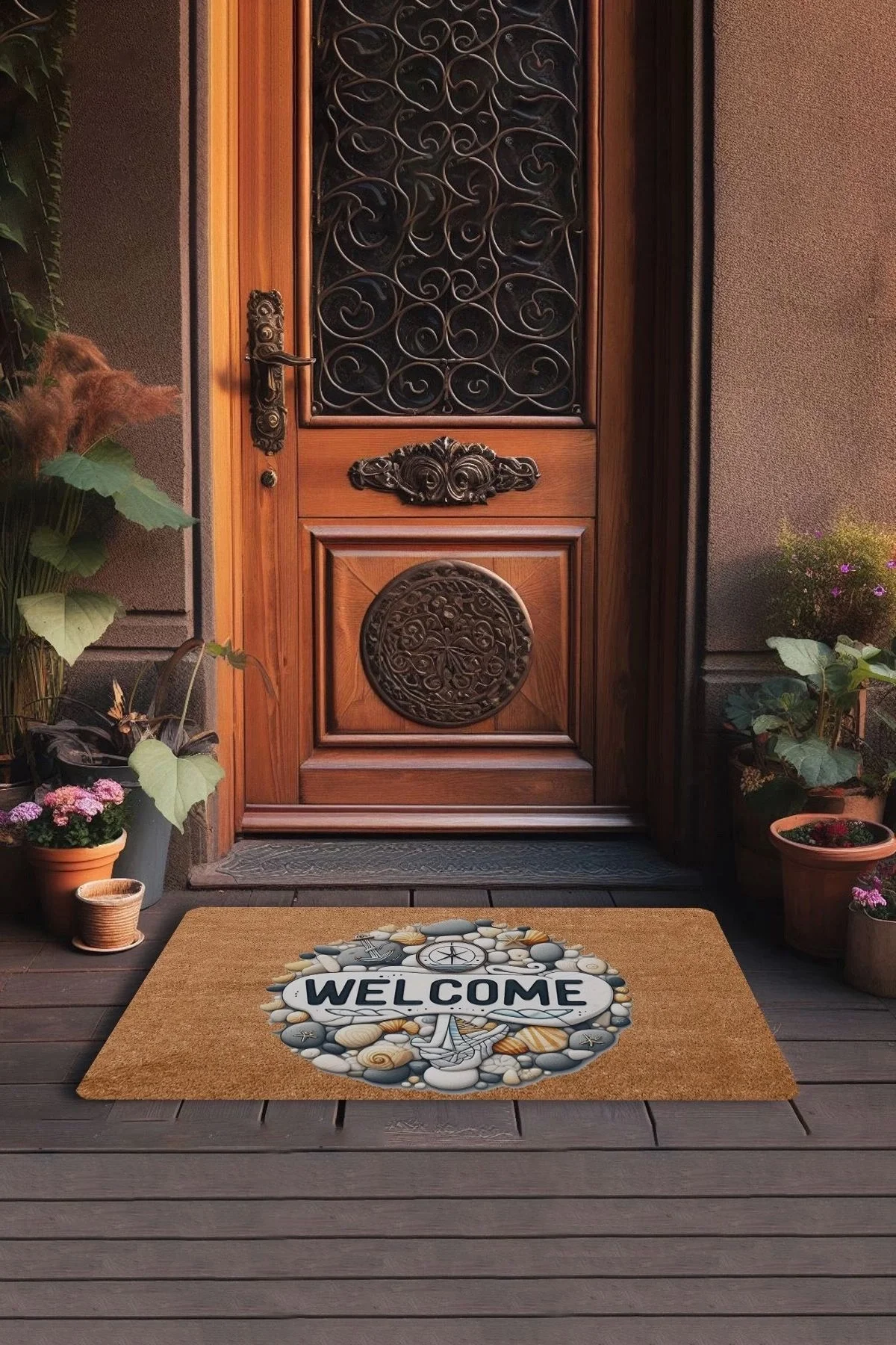 Valerine Life Çakıl Taşları ve Pusula Welcome Kapı Önü Paspası 45x70cm