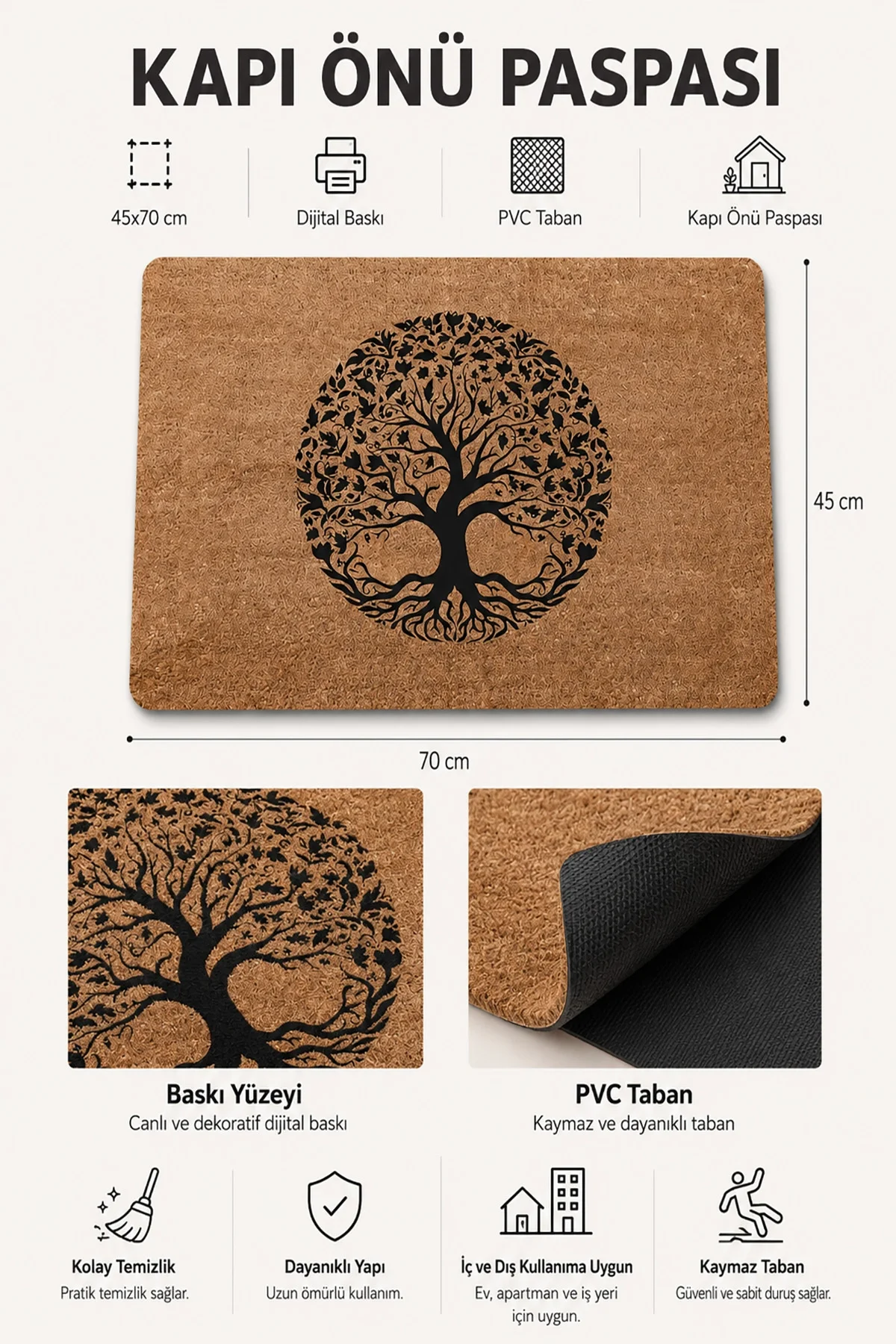 Valerine Life Çınar Ağacı Figürlü Ev Ofis iç Dış Kapı Önü Paspası 45x70cm