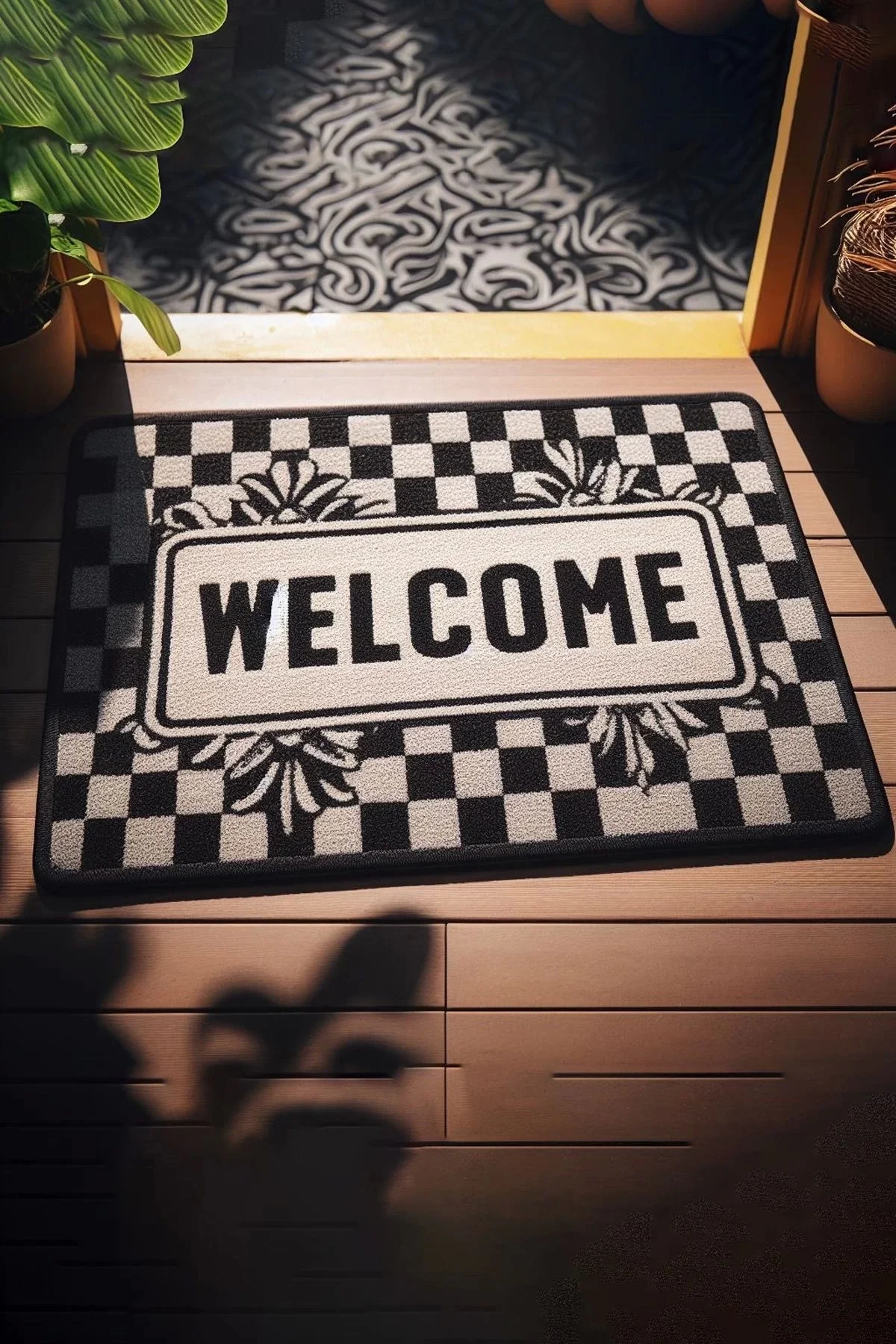 Valerine Life Dama ve Yaprak Desenli Siyah Beyaz Welcome Kapı Önü Paspası 45x70cm