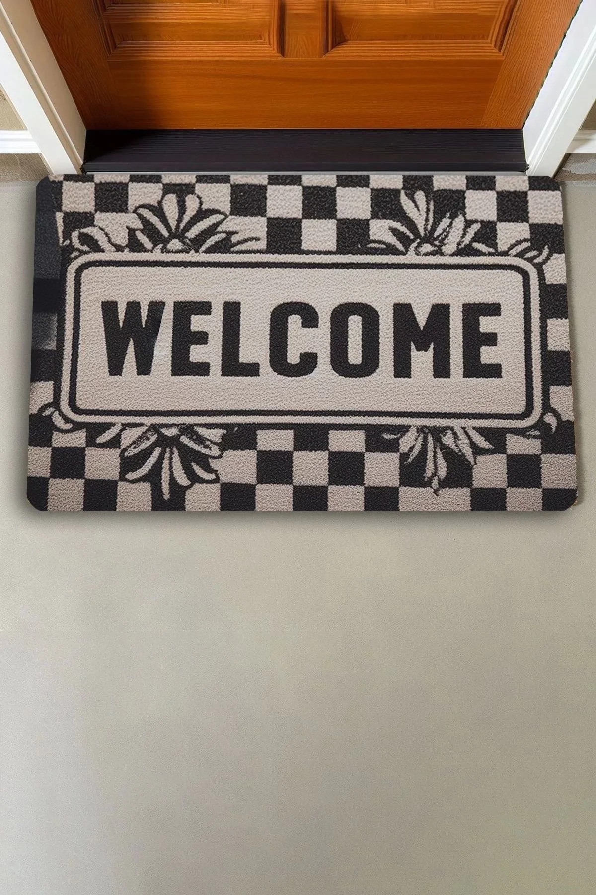 Valerine Life Dama ve Yaprak Desenli Siyah Beyaz Welcome Kapı Önü Paspası 45x70cm