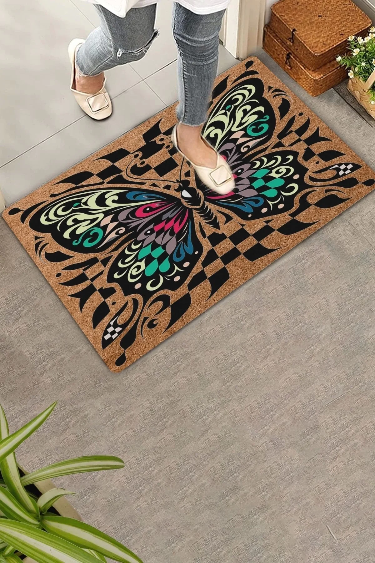 Valerine Life Damalı Kelebek Desenli Hoş Geldiniz Kapı Önü Paspası 45x70cm