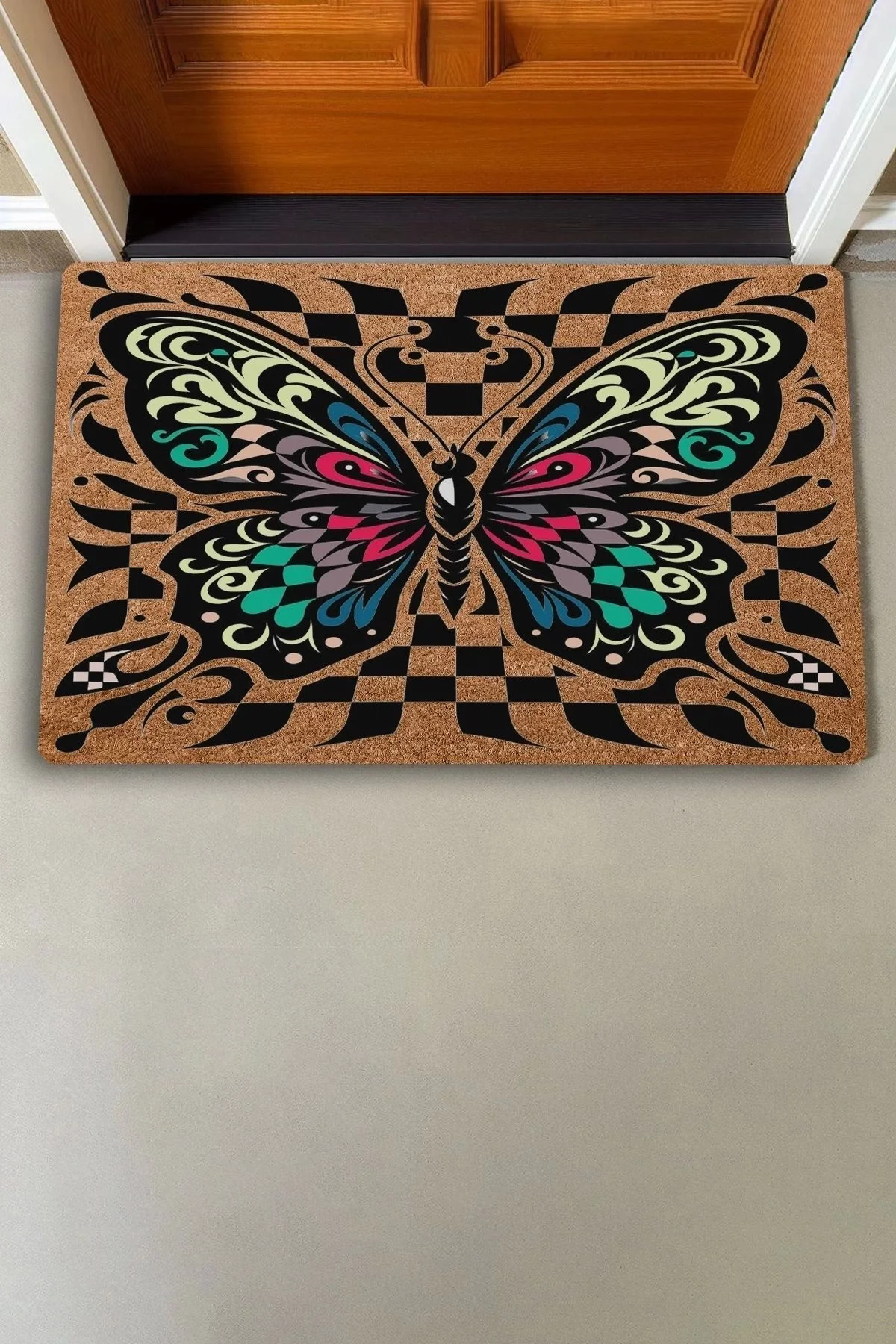 Valerine Life Damalı Kelebek Desenli Hoş Geldiniz Kapı Önü Paspası 45x70cm