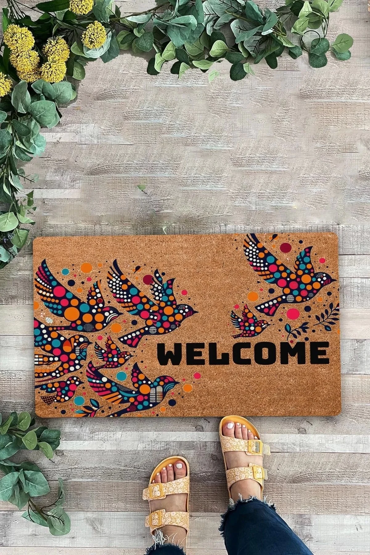 Valerine Life Damla Desenli Kuşlar Hoş Geldiniz Kapı Önü Paspası 45x70cm
