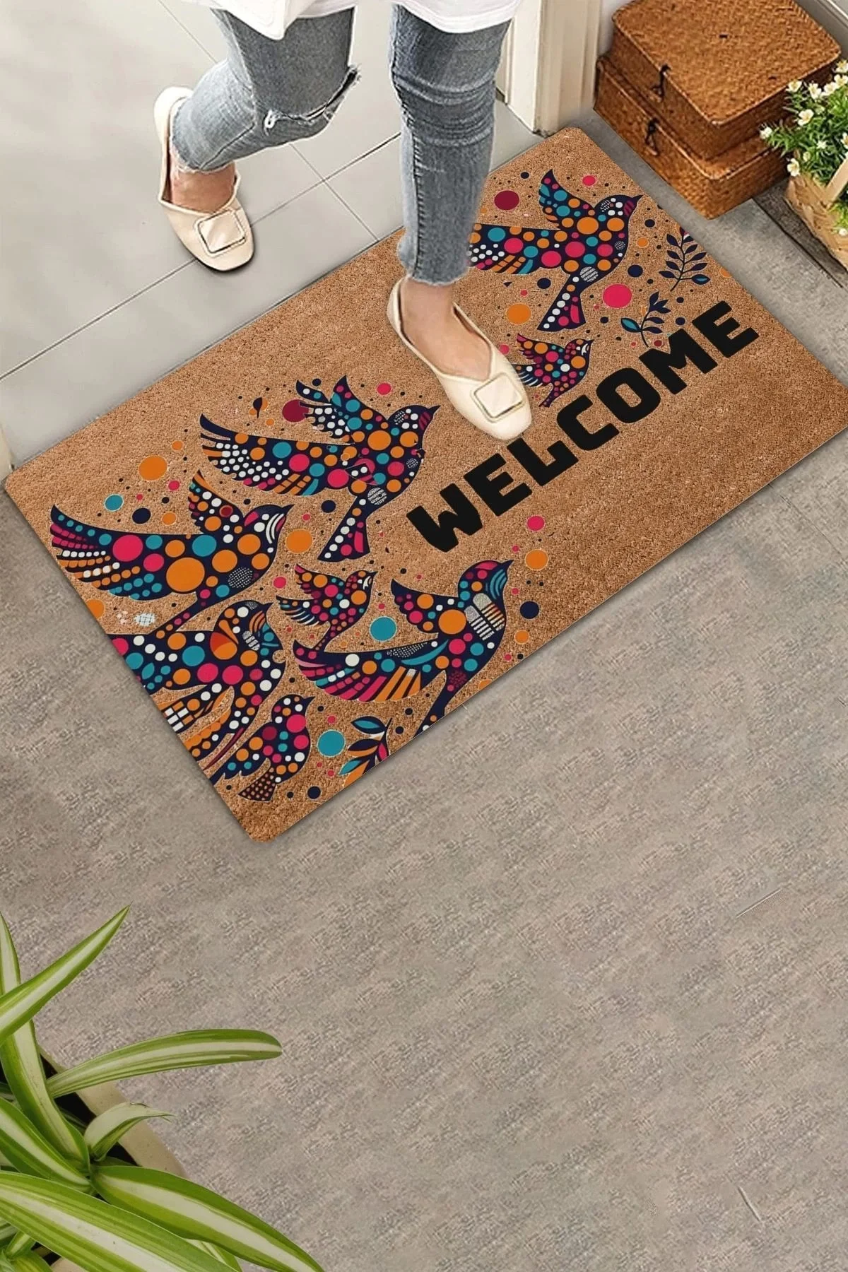 Valerine Life Damla Desenli Kuşlar Hoş Geldiniz Kapı Önü Paspası 45x70cm