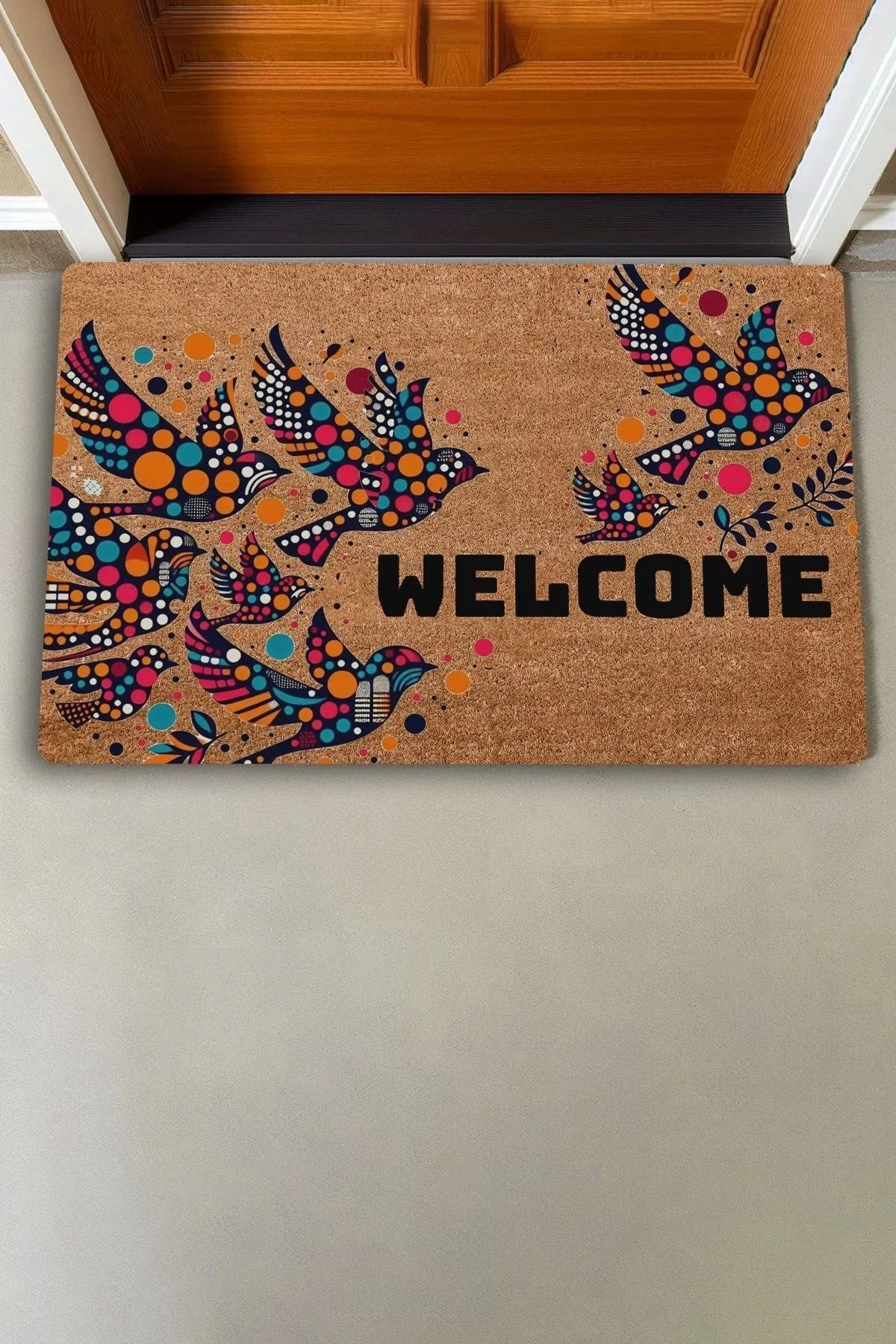 Valerine Life Damla Desenli Kuşlar Hoş Geldiniz Kapı Önü Paspası 45x70cm