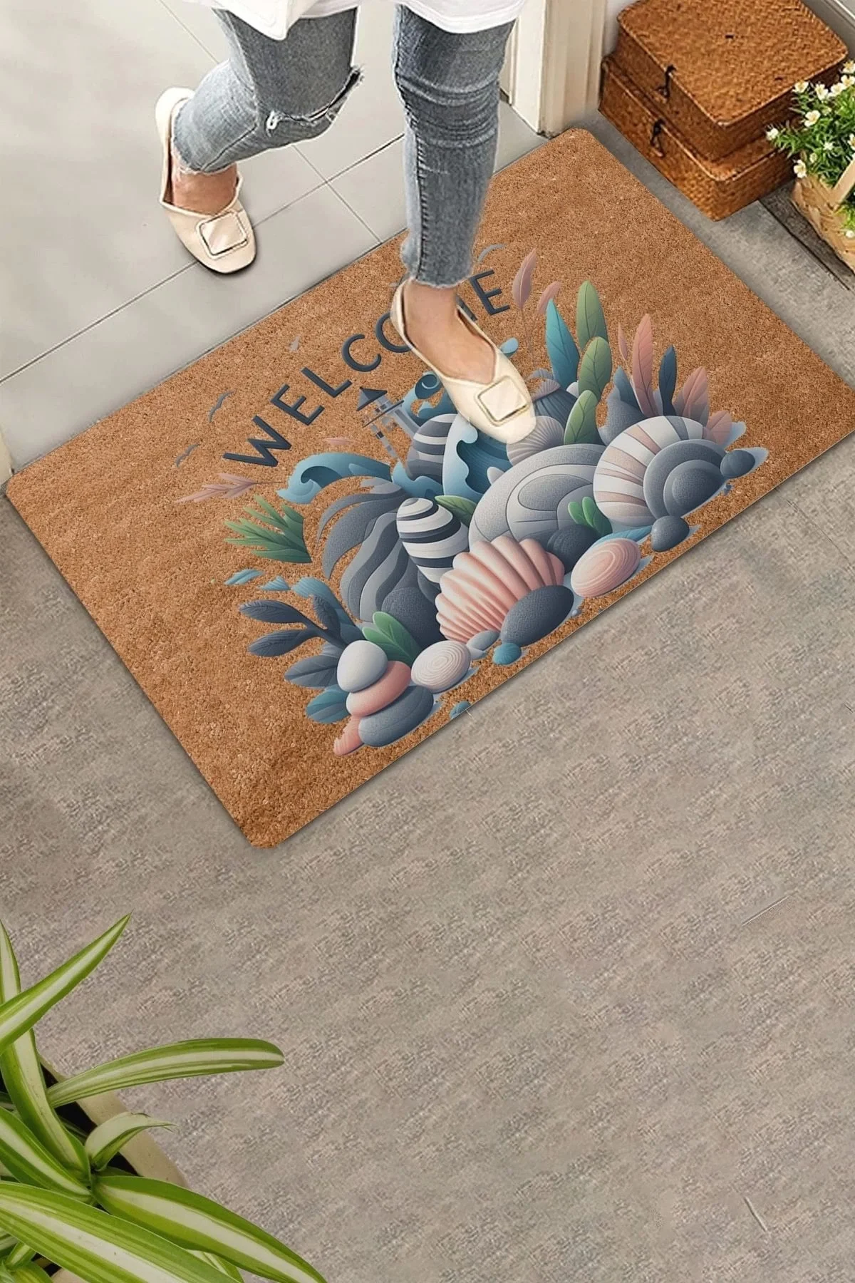 Valerine Life Deniz Feneri Deniz Taşları Welcome Kapı Önü Paspası 45x70cm