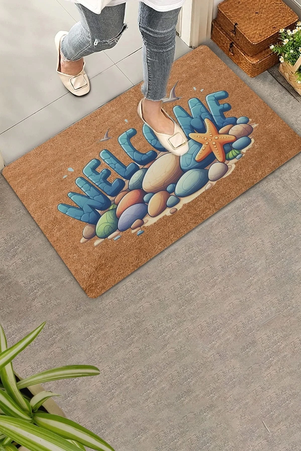 Valerine Life Deniz Taşları ve Deniz Yıldızı Welcome Kapı Önü Paspası 45x70cm