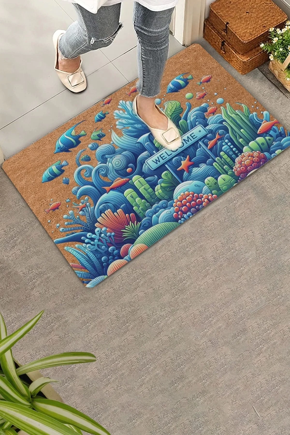 Valerine Life Deniz ve Balık Temalı Welcome Kapı Önü Paspası 45x70cm