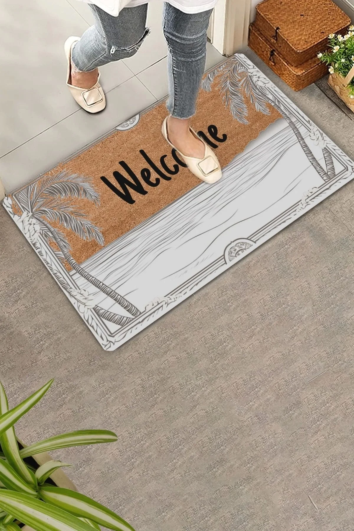 Valerine Life Deniz ve Palmiye Manzaralı Welcome Kapı Önü Paspası 45x70cm