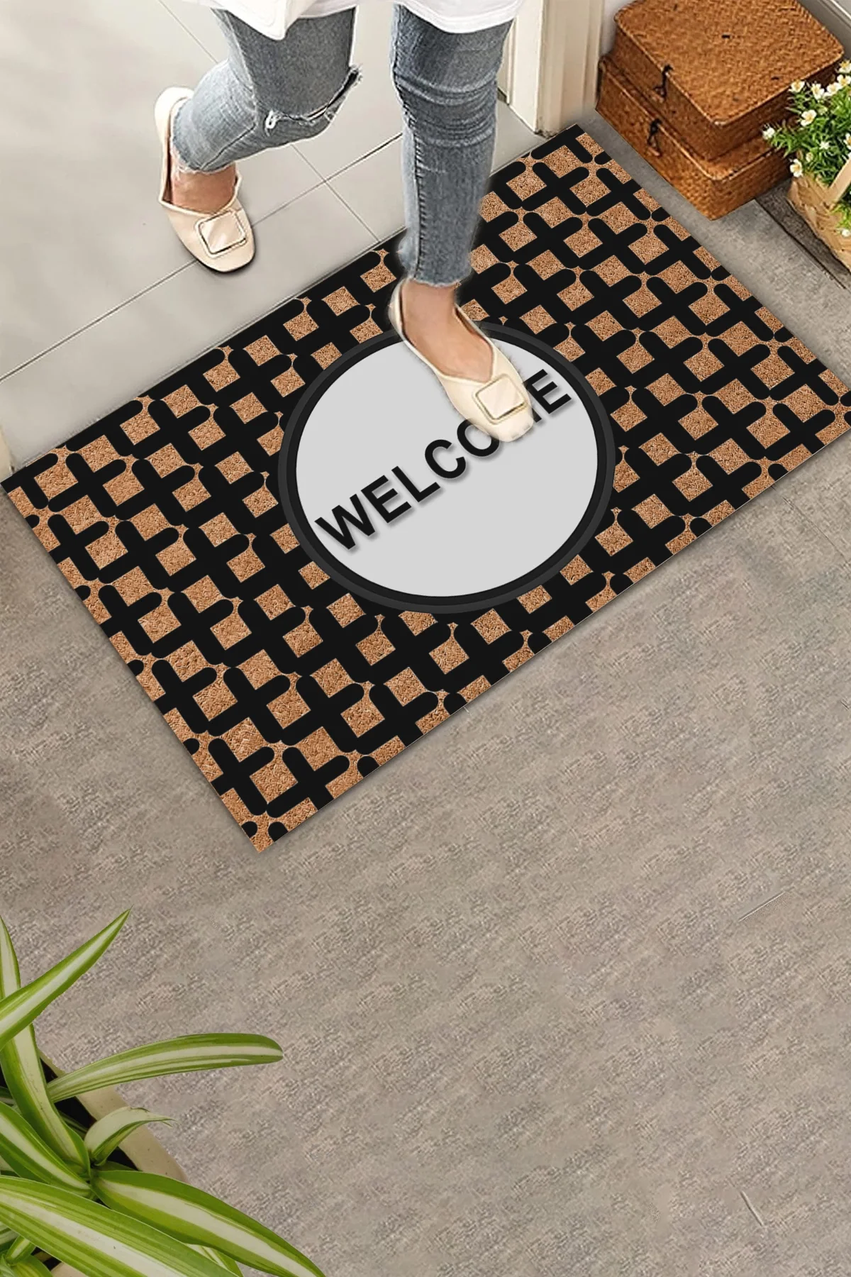 Valerine Life Artı Desenli Kahverengi Siyah Welcome Hoş Geldiniz Kapı Önü Paspası 45x70cm