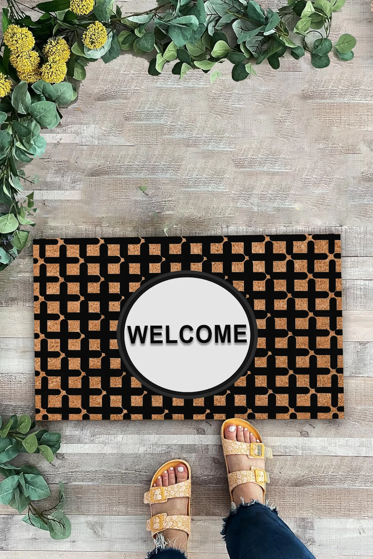 Valerine Life Artı Desenli Kahverengi Siyah Welcome Hoş Geldiniz Kapı Önü Paspası 45x70cm