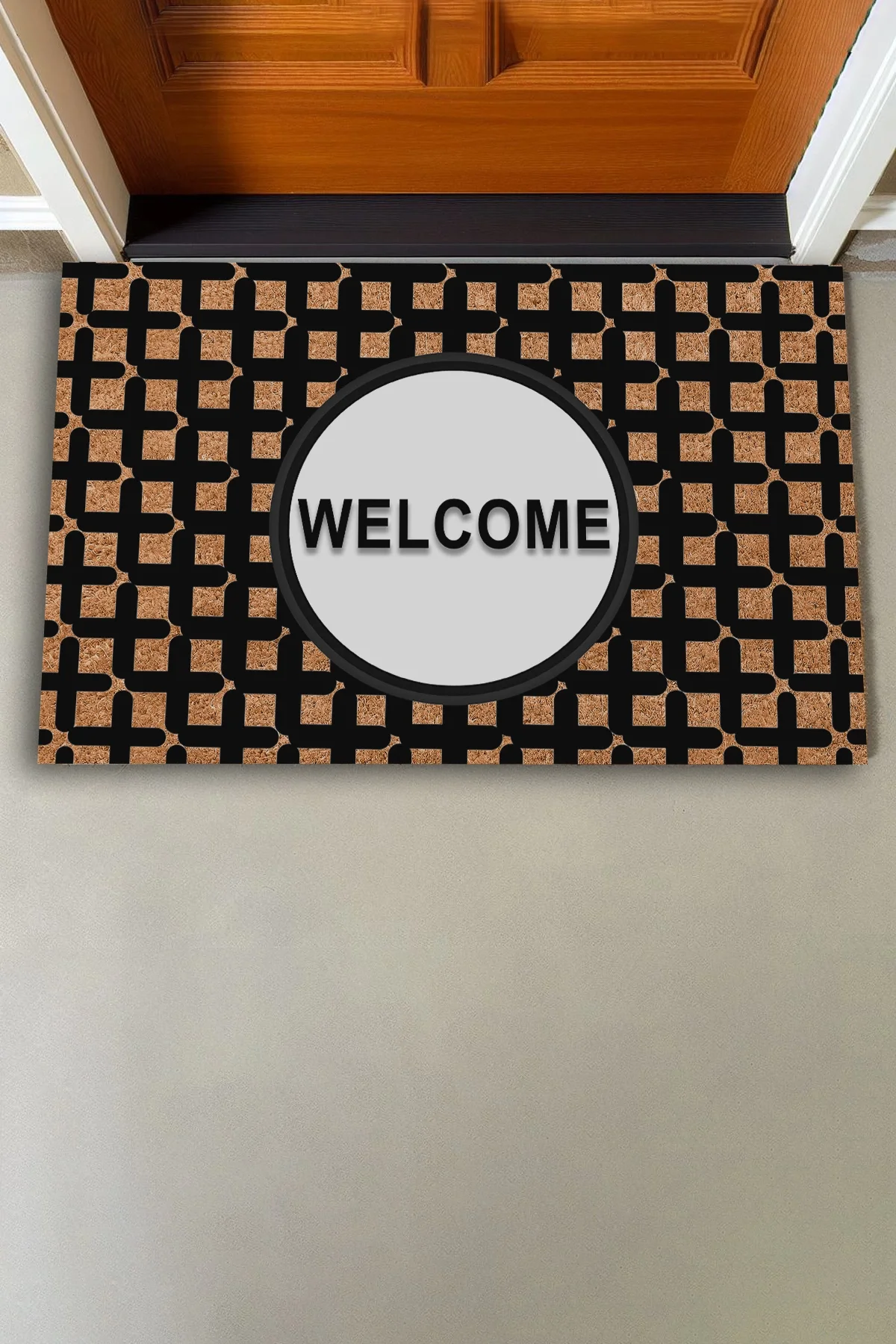Valerine Life Artı Desenli Kahverengi Siyah Welcome Hoş Geldiniz Kapı Önü Paspası 45x70cm